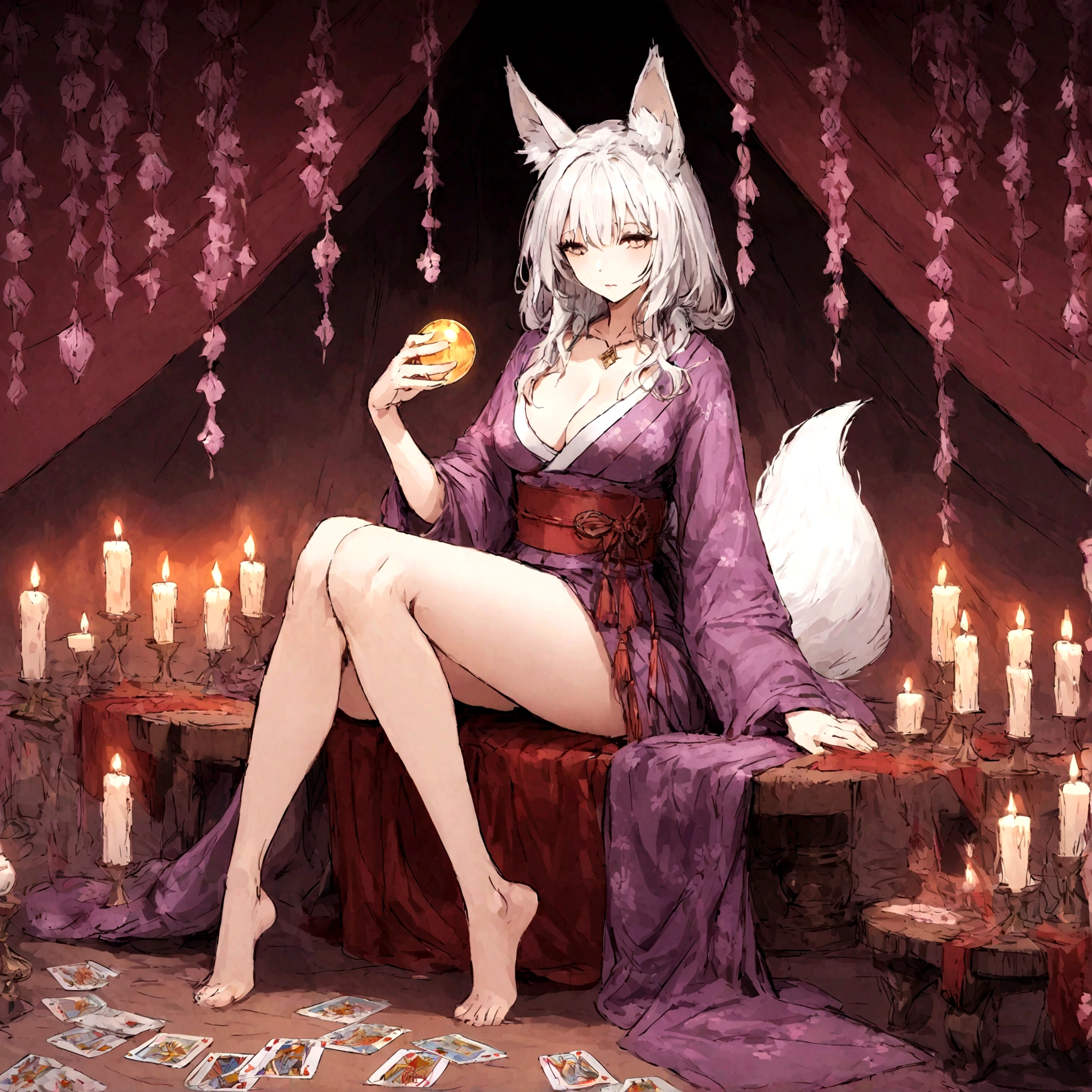 a sexy milf, has very long white hair, breasts, showing cleavage, has fox ears, wearing sakura kimono, in a gypsy tent, reading a crystal ball and surrounded by tarot cards, surrounded by candles, mystical, showing legs, sitting on cloth laden stool, has a table in front of her, has a fox tail, purple ornate hanging drapery, holding a shining crystal ball, surrounded by tarot cards