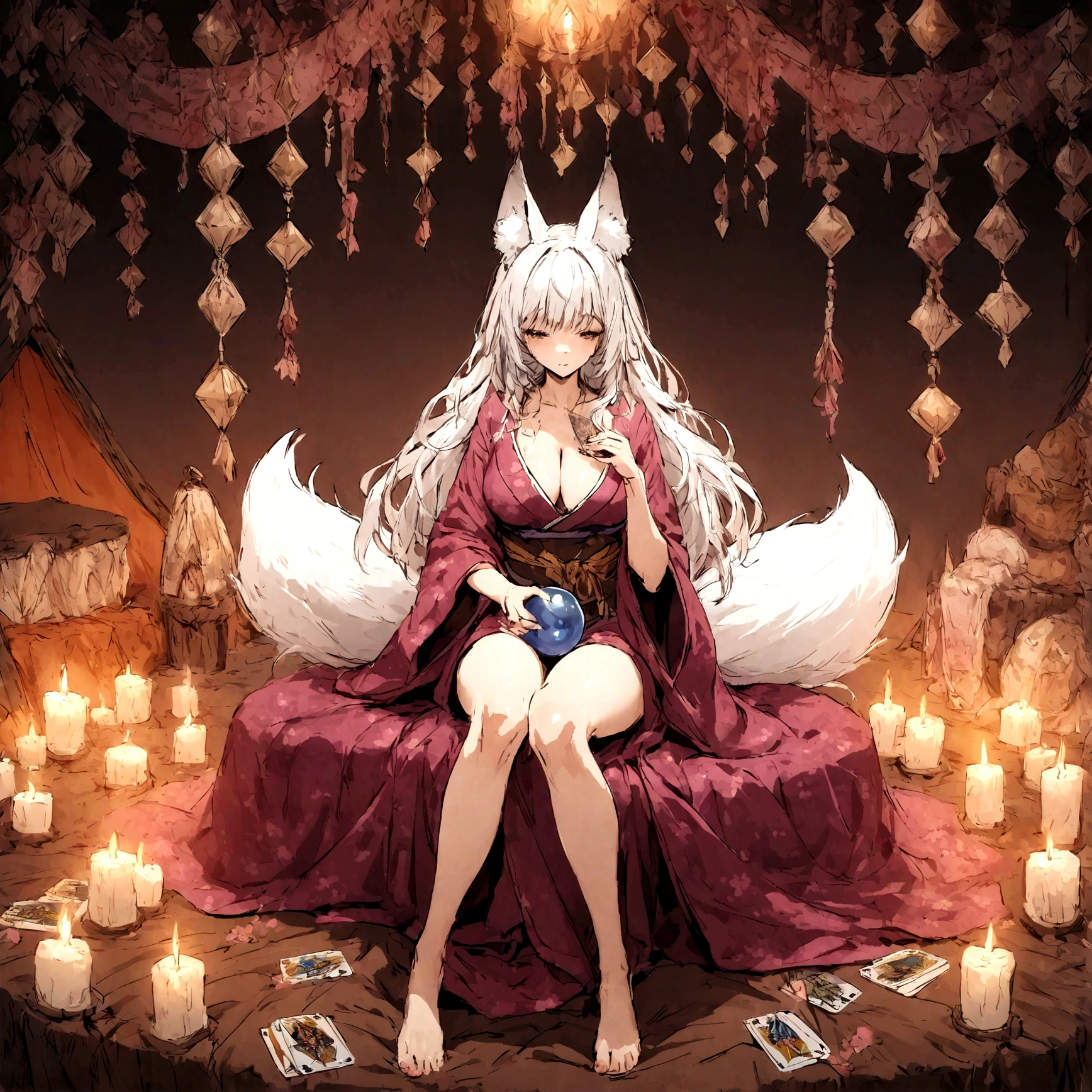 a sexy milf, has very long white hair, breasts, showing cleavage, has fox ears, wearing sakura kimono, in a gypsy tent, reading a crystal ball and surrounded by tarot cards, surrounded by candles, mystical, showing legs, sitting on cloth laden stool, has a table in front of her, has a fox tail, purple ornate hanging drapery, holding a shining crystal ball, surrounded by tarot cards