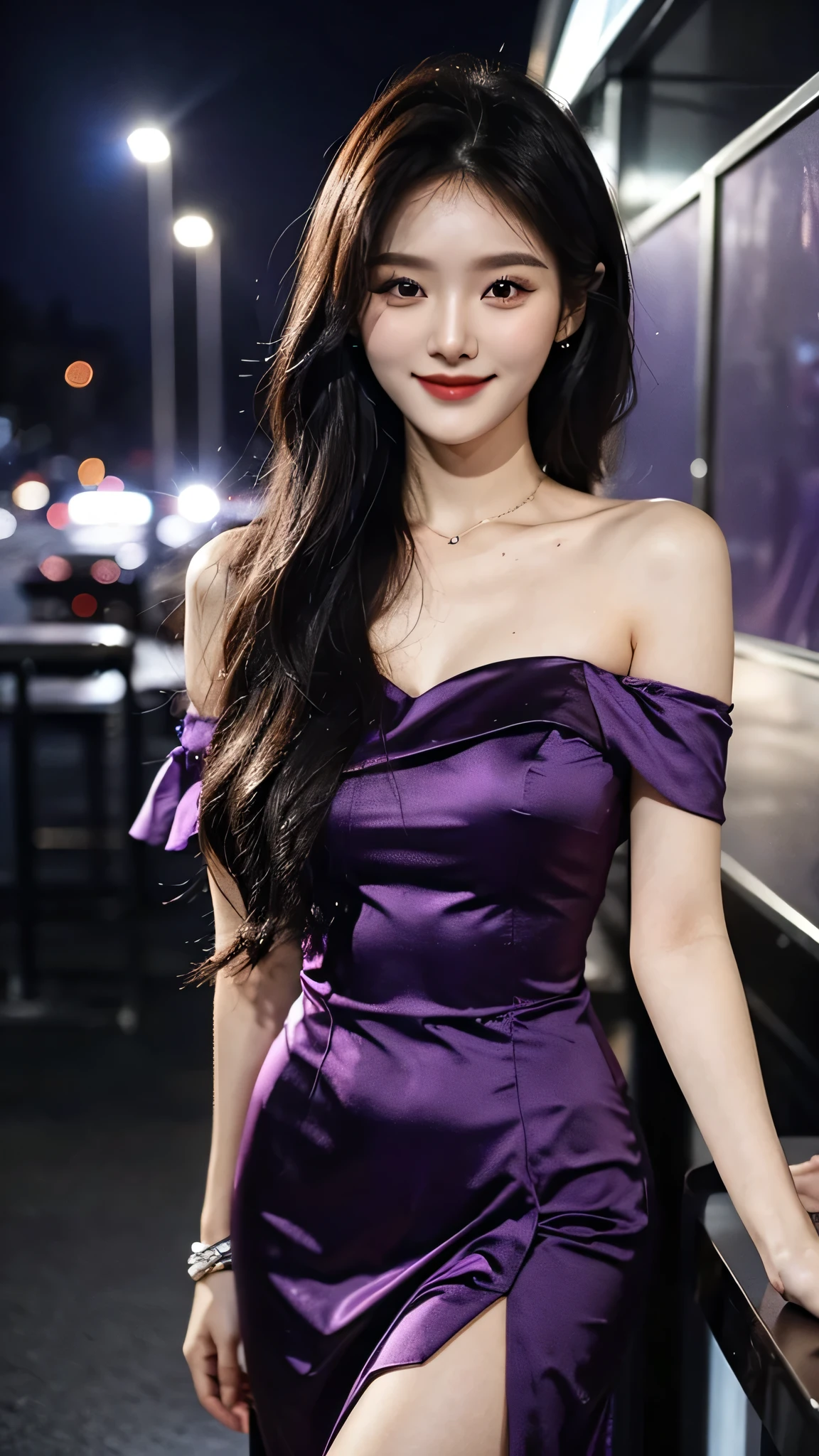 A sweet girl by the yatch,voluminous hair,Delicate face,Photorealsitic,of a real,largeaperture,wears a purple dress,A cropped dress,Off-the-shoulder,A dress around the neck,Slim,smiles,Ultra-high resolution, Blurred background