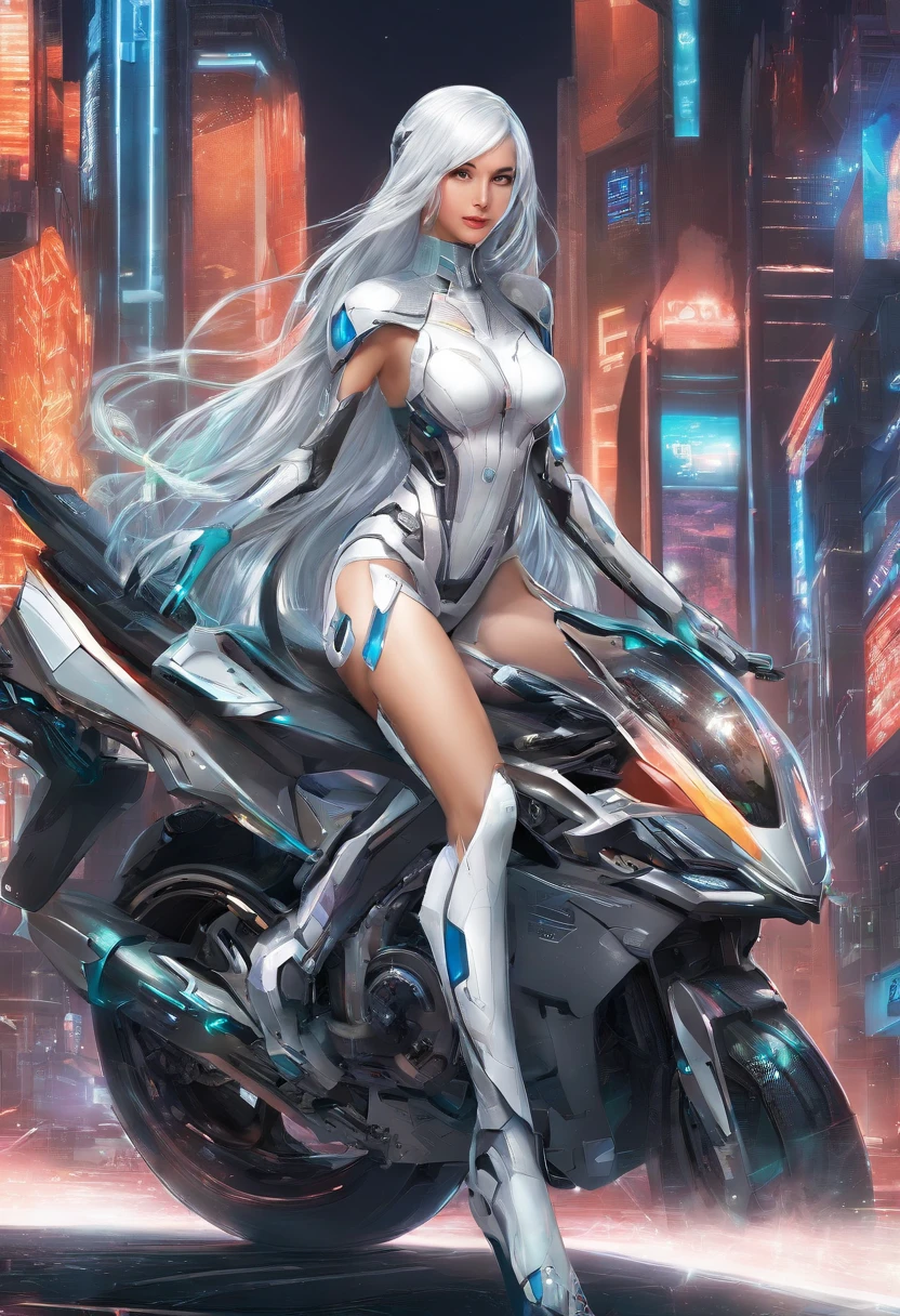 Best quality, masterpiece, super high resolution, future technology, (photo actual: 1.4), beautiful_face, twenty-five-year-old oriental fairy fox woman, bright eyes, cleavage, long silver hair above the waist, Wearing tights, sitting on a heavy motorcycle, on the road, future urban road, night