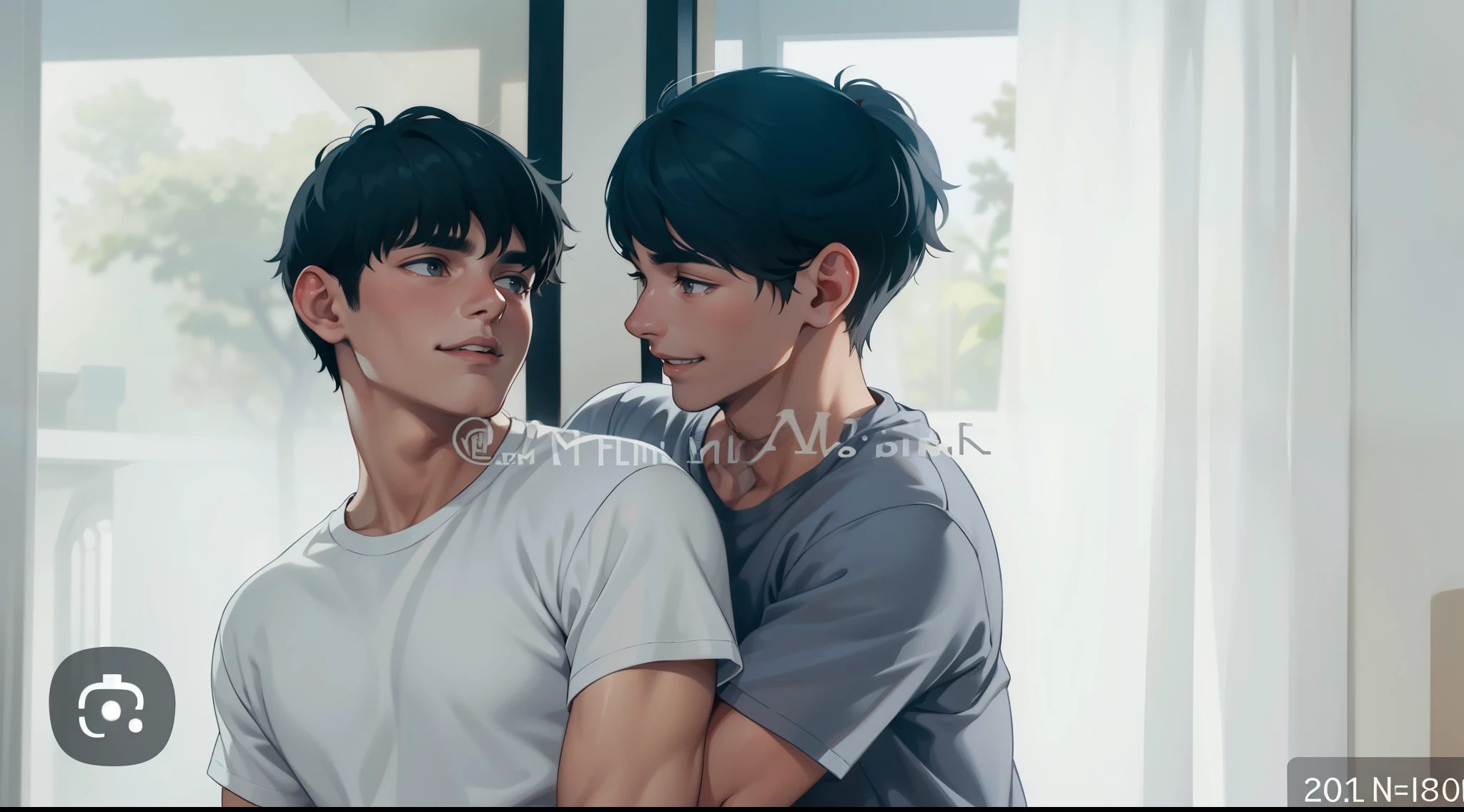 There are two men, they are brothers, 18 years old, gray hair and gray eyes. , estan contentos de encontrarse sonrrien