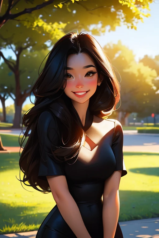 a stunning black haired woman with brown eyes with an hourglass figure is posing with a blush in a park with a big smile