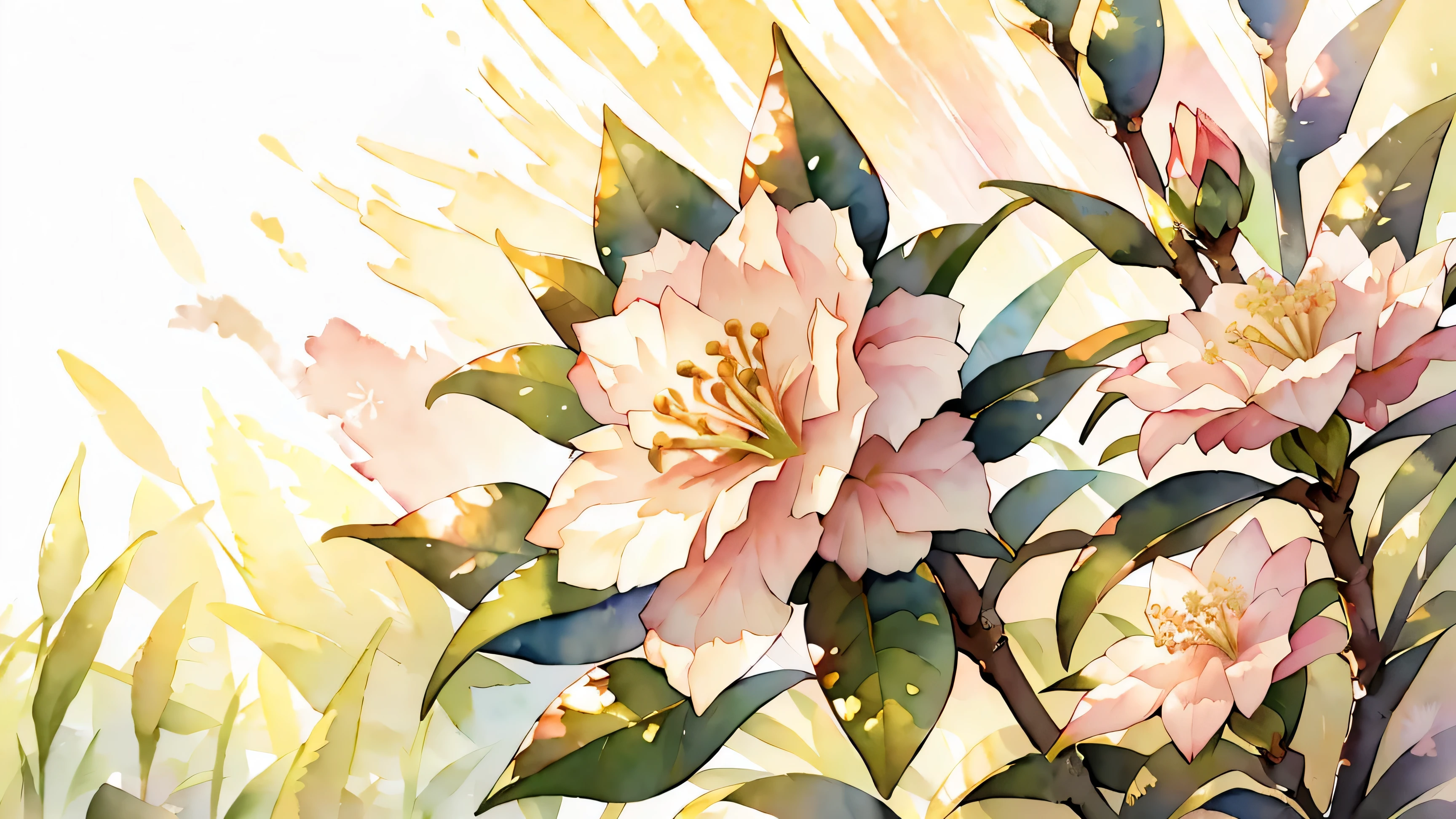 (8K, RAW photo, 最high quality, masterpiece:1.2), (watercolor painting), Flowers flutter, ((beautiful, camellia)), ((Extreme background bokeh, high quality, surreal, bright colors, ((very detailed))