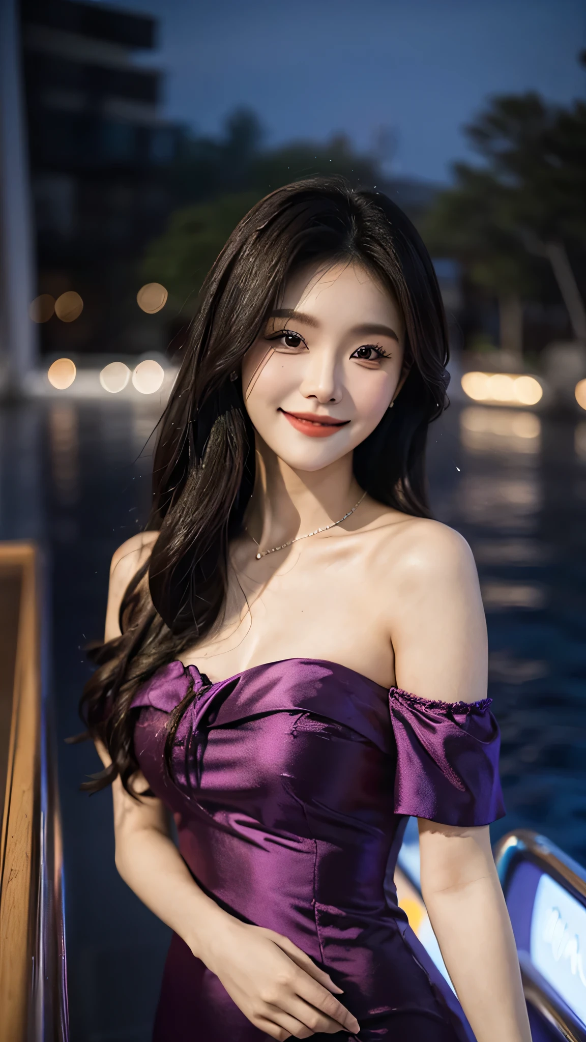 A sweet girl by the yatch，voluminous hair，Delicate face，Photorealsitic，of a real，largeaperture，wears a purple dress，A cropped dress，Off-the-shoulder，A dress around the neck，Slim，smiles，Ultra-high resolution, Blurred background