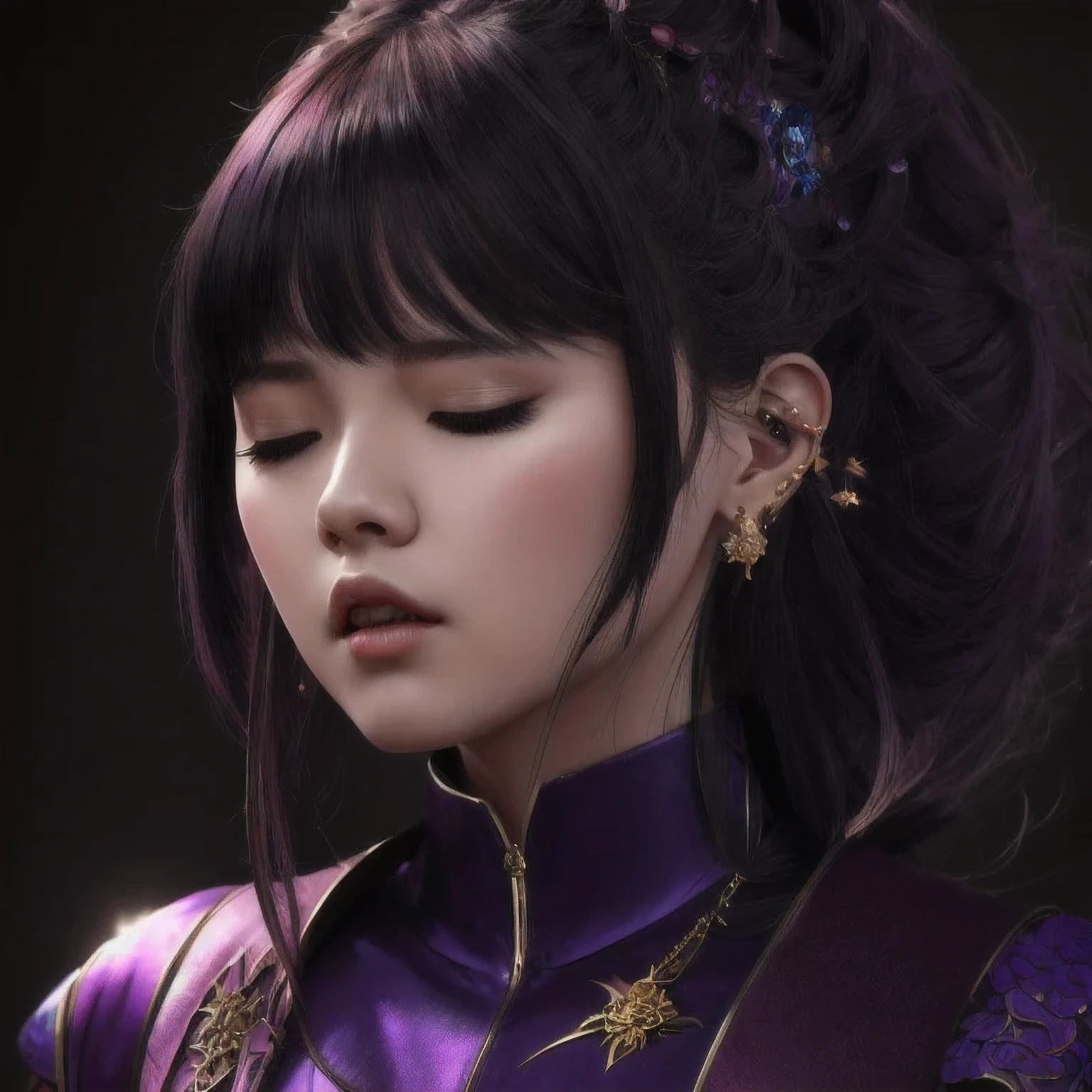 there is a 18 years old in a purple dress holding a dragon, wlop and ross tran, ross tran 8 k, fantasy art style, chengwei pan on artstation, a beautiful fantasy empress, ross tran and wlop, ruan jia and artgerm, the dragon girl portrait, ig model | artgerm, artgerm and ruan jia，beautiful
1girl
bangs
深绿 eyes
closed mouth
ear piercing
earrings
grey background
hair ornament
jewelry
lips
looking at viewer
military
military uniform
nose
piercing
portrait
realistic
short hair
simple background
solo
upper body