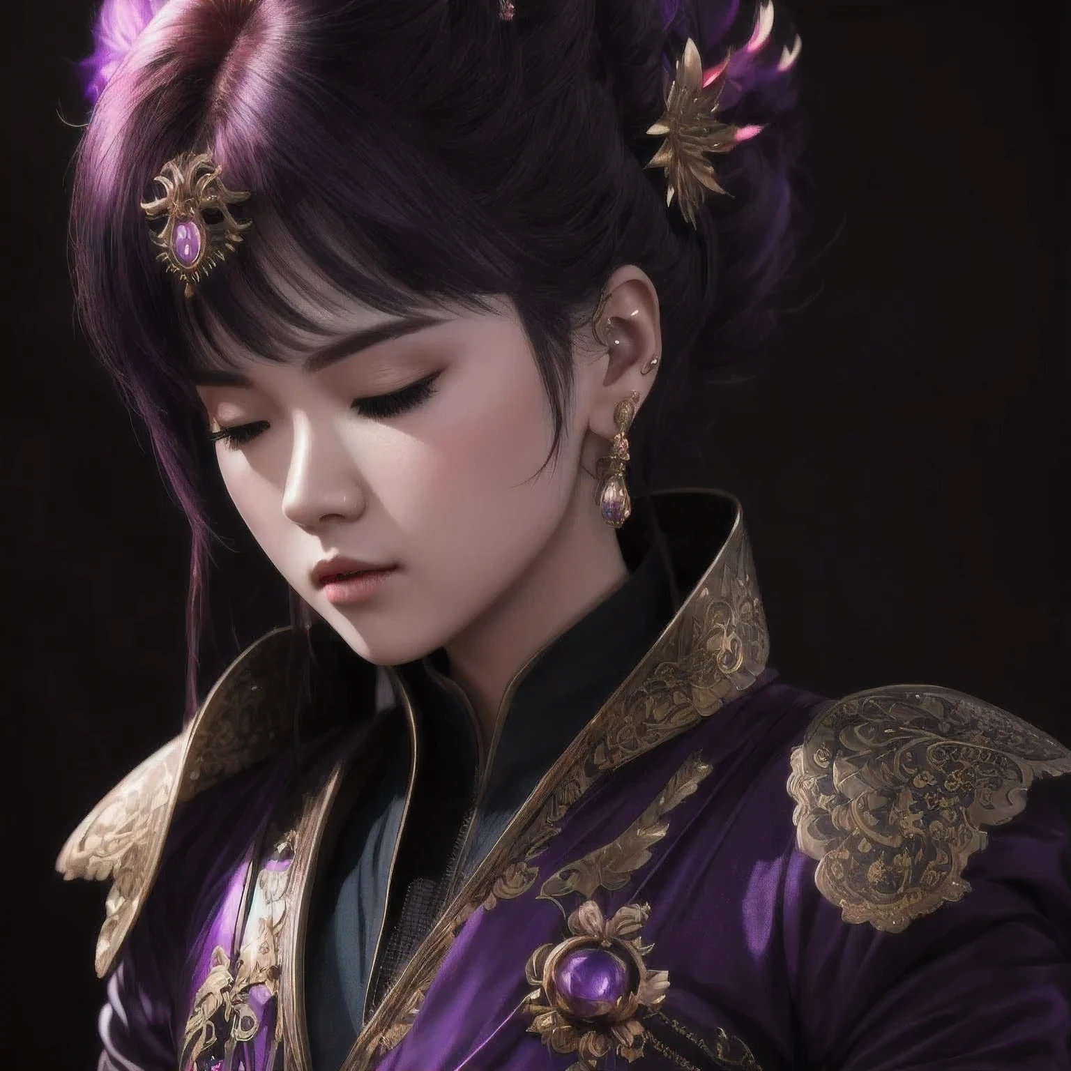 there is a 18 years old in a purple dress holding a dragon, wlop and ross tran, ross tran 8 k, fantasy art style, chengwei pan on artstation, a beautiful fantasy empress, ross tran and wlop, ruan jia and artgerm, the dragon girl portrait, ig model | artgerm, artgerm and ruan jia，beautiful
1girl
bangs
深绿 eyes
closed mouth
ear piercing
earrings
grey background
hair ornament
jewelry
lips
looking at viewer
military
military uniform
nose
piercing
portrait
realistic
short hair
simple background
solo
upper body