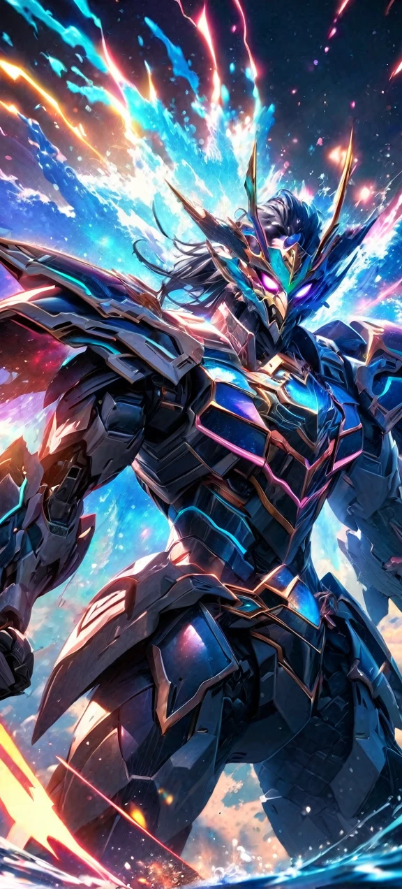 absurdres, highres, ultra detailed, HDR, masterpiece, extremely detailed face and eyes, colorful shinning Galaxy God Mecha armor dragon knight, Epic Mecha dragon mask,,colorful Black hair , , solo, ,man, handsome, , , Epic fight scene, colorful water splashing effect,colorful lightning effect,glowing glitters , galaxy background