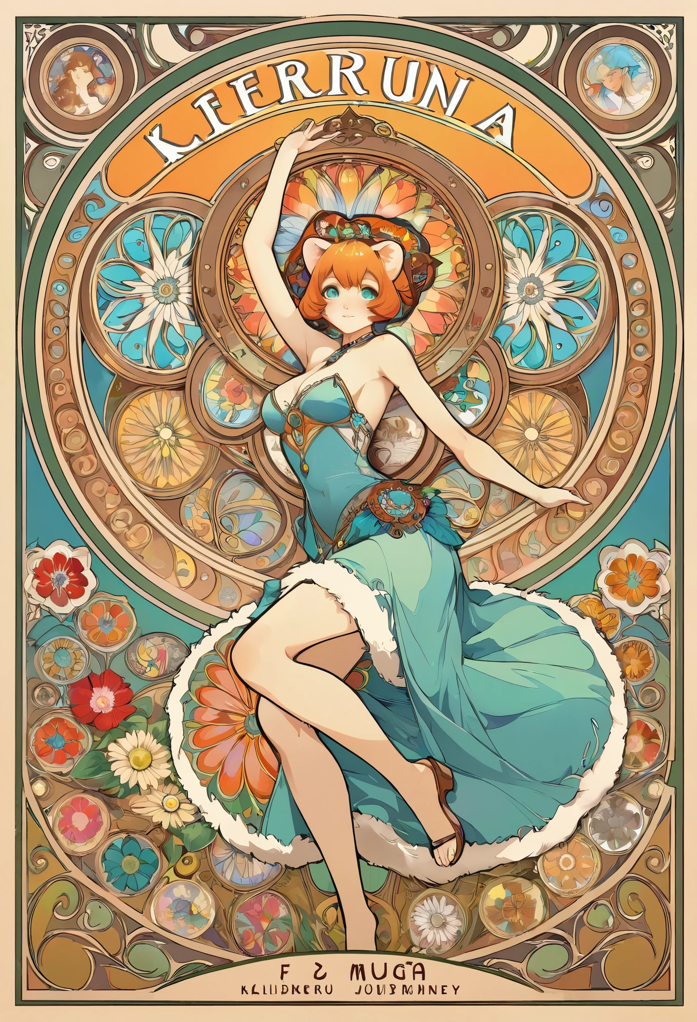 cover page, Perfume poster, kaleidoscope, rzminjourney, vector-art, High-quality illustrations by Alfons Mucha, masterpiece(kemono, furry anthro)logo mark, round, colorful flower,