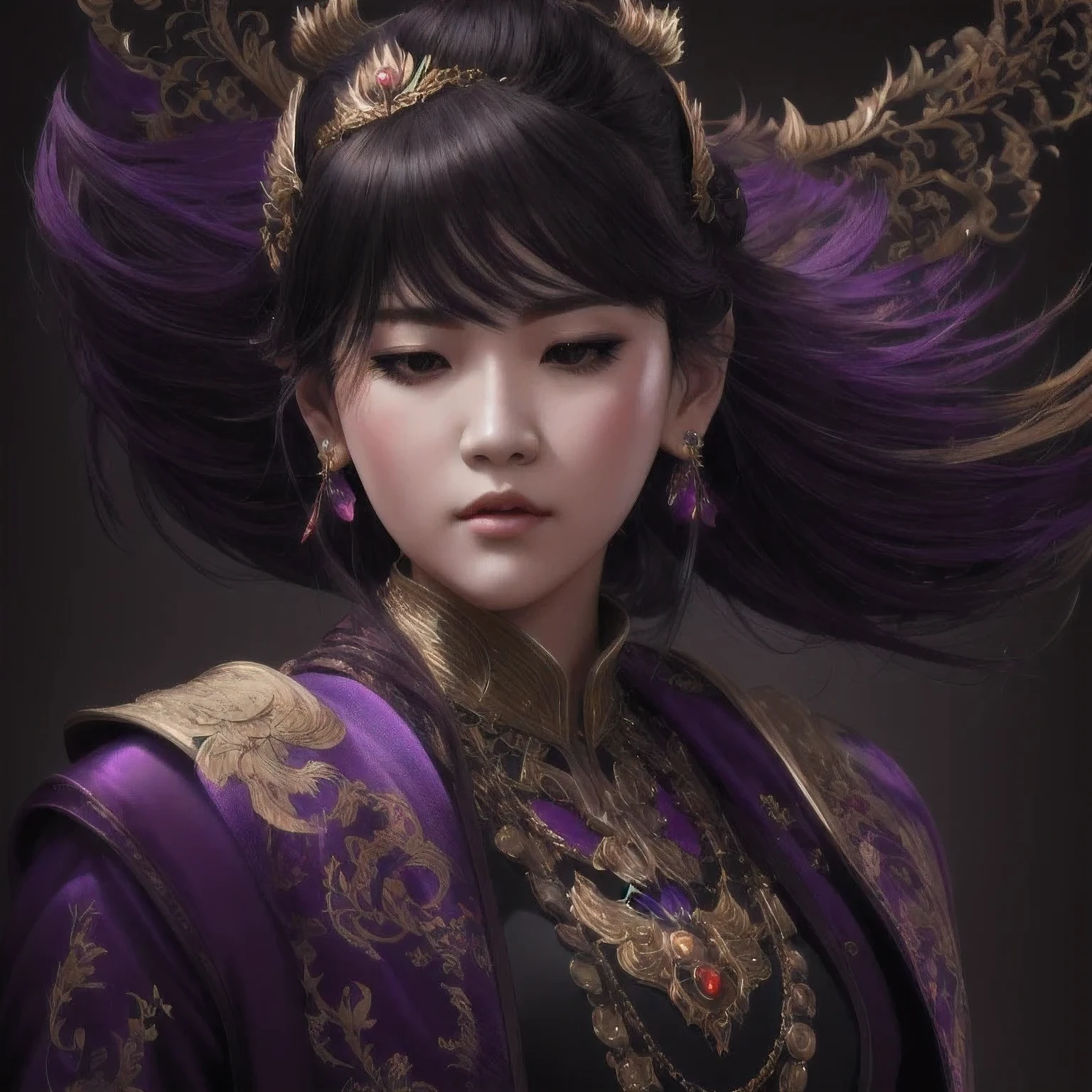 there is a 18 years old in a purple dress holding a dragon, wlop and ross tran, ross tran 8 k, fantasy art style, chengwei pan on artstation, a beautiful fantasy empress, ross tran and wlop, ruan jia and artgerm, the dragon girl portrait, ig model | artgerm, artgerm and ruan jia，beautiful
1girl
bangs
深绿 eyes
closed mouth
ear piercing
earrings
grey background
hair ornament
jewelry
lips
looking at viewer
military
military uniform
nose
piercing
portrait
realistic
short hair
simple background
solo
upper body