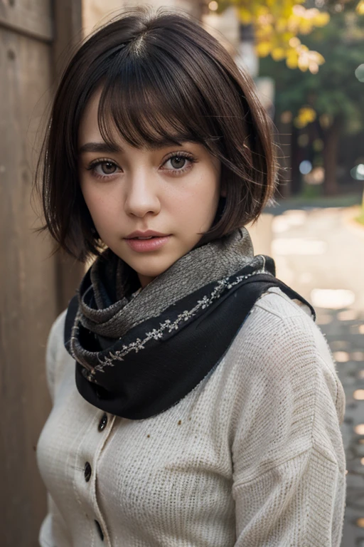 (masterpiece, highest quality),1 girl, alone, scarf, have, realistic, realistic, looking at the viewer, light colored black eyes, Brunette short bob hair with highly detailed shiny hair, stark naked, Whity, lips, bangs, outdoor, closed mouth, Upper body、Big eyes、eyelash、((There&#39;There&#39;There&#39;There&#39;There&#39;There&#39;There&#39、very simple blue background:1.8))、(((Short hair with bangs、Big eyes、big and full chest、look at the audience、beautiful beauty、show me your ears、long neck、smile、please close your mouth and smile)))、ideal body proportions、{Huge|big|Huge|mega} chest, cleavage:2. Happy smile