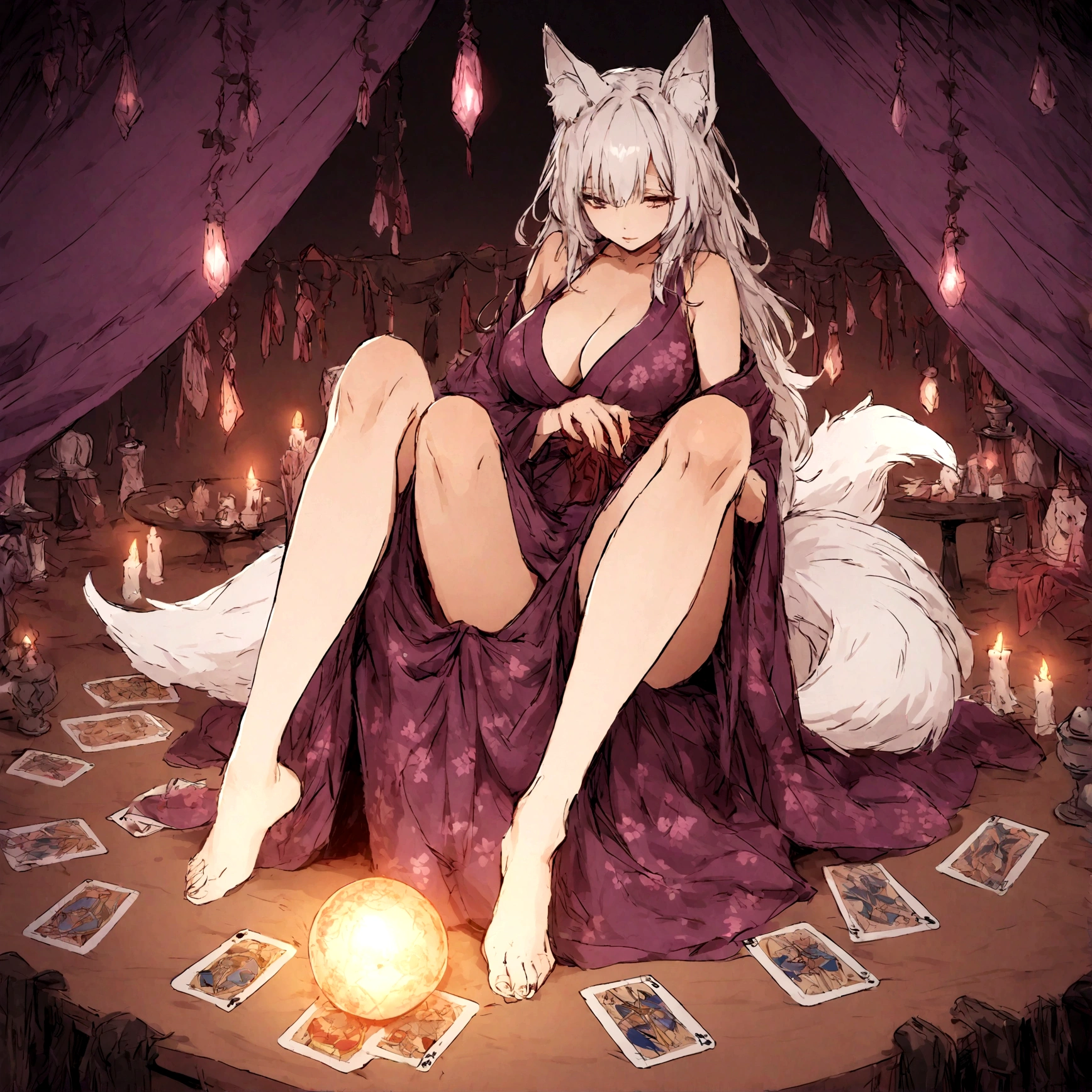a sexy milf, has very long white hair, breasts, showing cleavage, has fox ears, wearing sakura kimono, in a gypsy tent, reading a crystal ball and surrounded by tarot cards, surrounded by candles, mystical, showing legs, sitting on cloth laden stool, has a table in front of her, has a fox tail, purple ornate hanging drapery, holding a shining crystal ball, surrounded by tarot cards