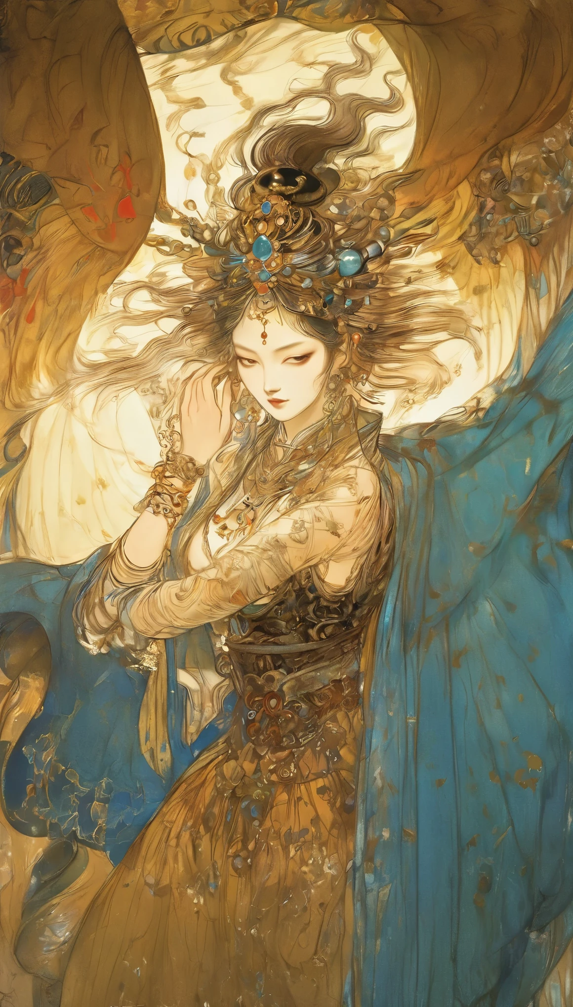 (masterpiece, best quality:1.2), elegant girl, striking pose, exquisite detailed features, piercing eyes, sharp nose, sensual lips, ornate clothing, symmetrical composition, cinematic lighting, dramatic chiaroscuro, rich color palette, high contrast, digital art, photorealistic，xianxia