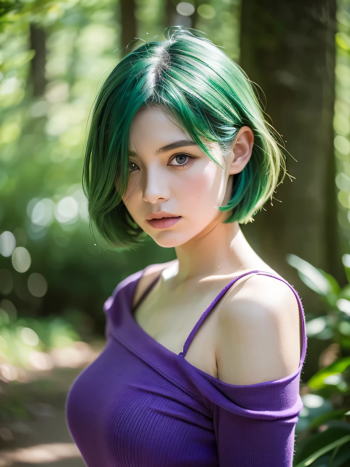 ratte867, 1girl, solo, (forest green hair:1.2), Asymmetrical haircut, (violet clothes:1.2) masterpiece, best quality, photorealistic, realistic, (RAW photo, 8k uhd, film grain), caustics, subsurface scattering 