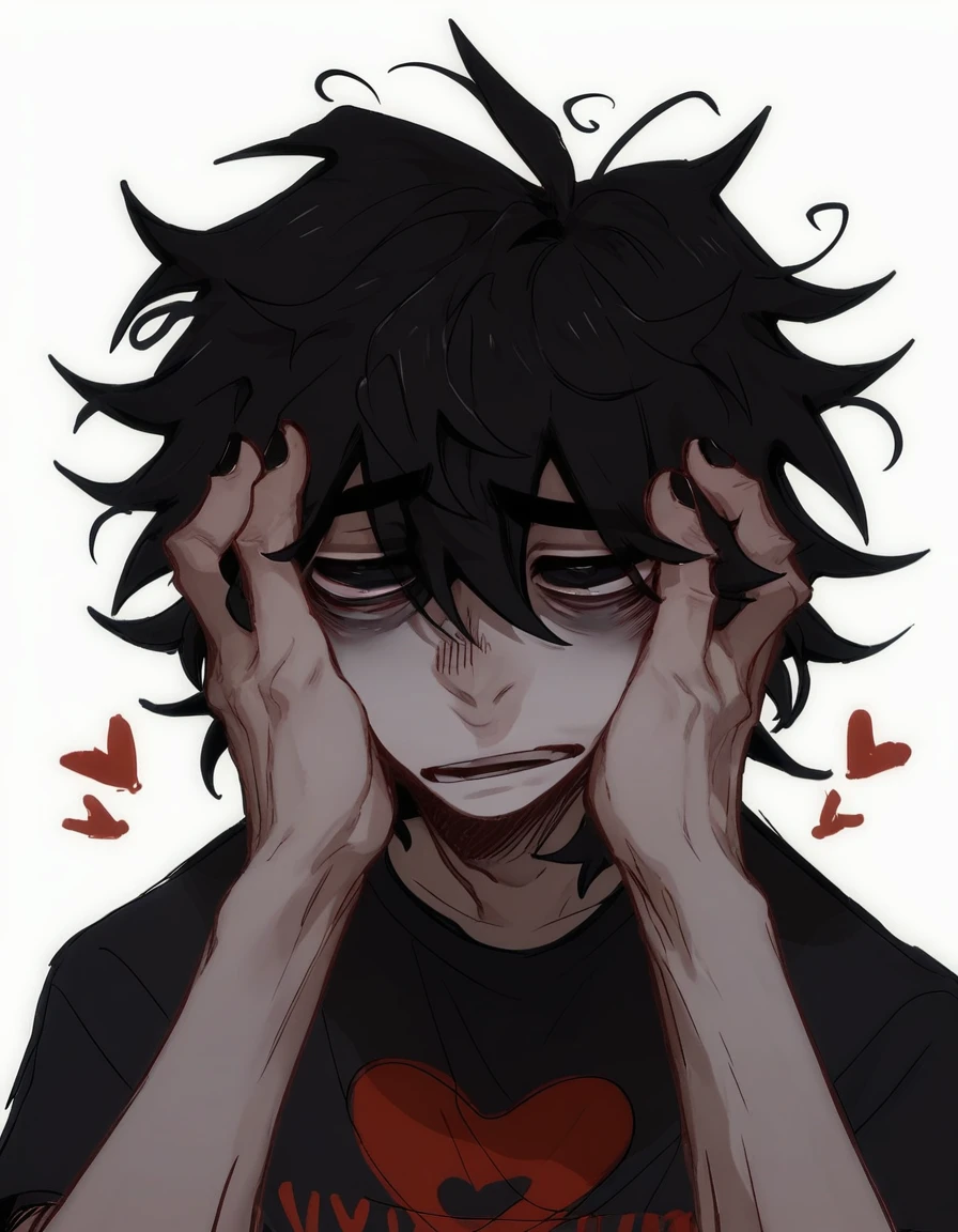 1boy, shirt grunge, sketchy lines, messy hair, black hair, black pupils,hands on face, hearts, evil, score_8_up, score_9_up, 