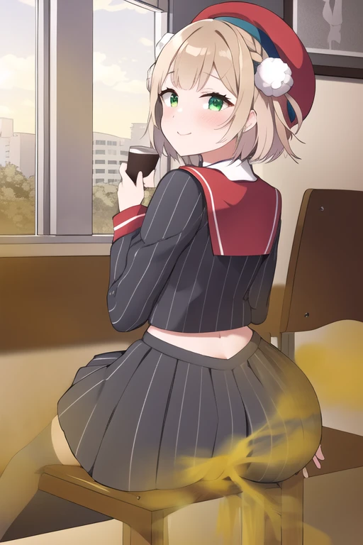 masterpiece, highest quality, High resolution, question 1, One girl, alone, Hair Ring, Green Eyes, Pompom hair ornament, Sailor collar, Long sleeve, Striped jacket, Braiding, vertical_striped skirt, vertical stripes, beret, Cowboy Shot, Sitting, Cafe, indoor, coffee,View Viewer,From the back,Women stink,fart,Turn your buttocks here