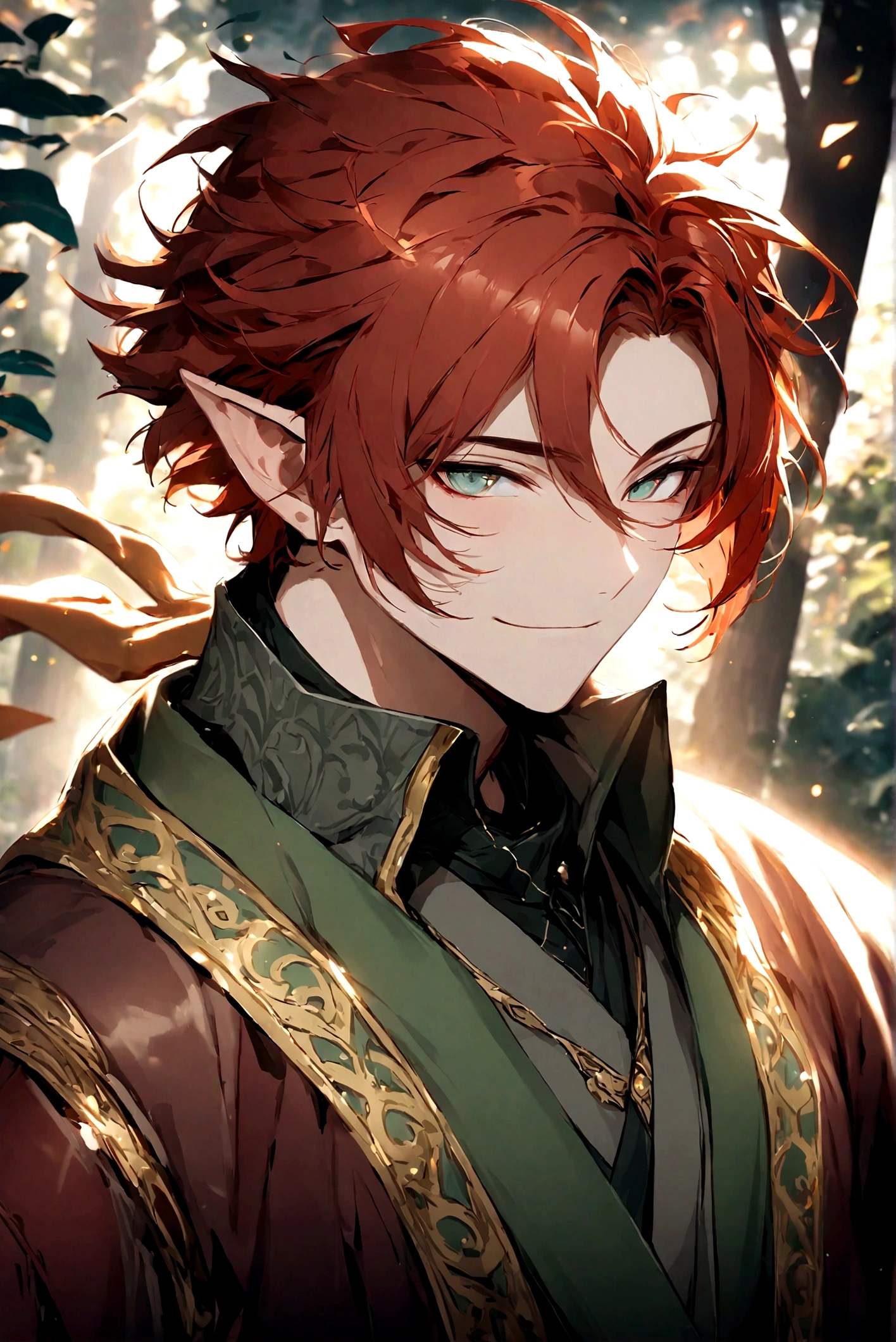 (Artwork, very high quality photo, CGI effect, lighting effect, shading effect), a male elf, bright gray eyes, short platinum hair, (wearing a black kimono with gold details), a brown scarf wrapped around his neck , white yukata over the kimono, (A confident smile on his face, a look of victory)