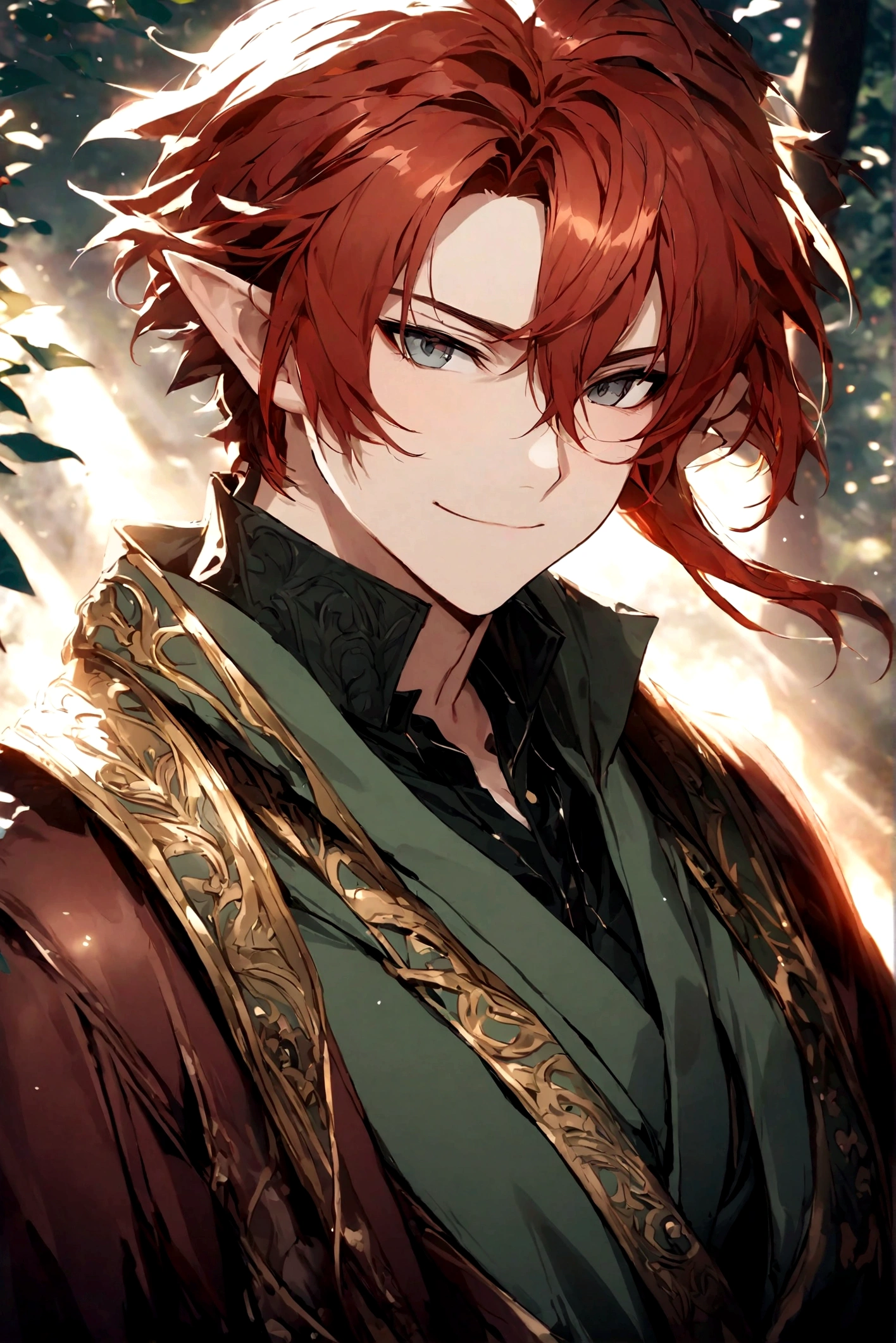 (Artwork, very high quality photo, CGI effect, lighting effect, shading effect), a male elf, bright gray eyes, short platinum hair, (wearing a black kimono with gold details), a brown scarf wrapped around his neck , white yukata over the kimono, (A confident smile on his face, a look of victory)