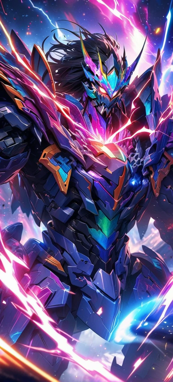 absurdres,detailed front view, highres, ultra detailed, HDR, masterpiece, extremely detailed face and eyes, colorful shinning Galaxy God Mecha armor dragon knight, Epic Mecha dragon mask,,colorful Black hair , , solo, ,man, handsome, , , Epic fight scene, colorful splashing effect,colorful lightning effect,glowing glitters , galaxy background