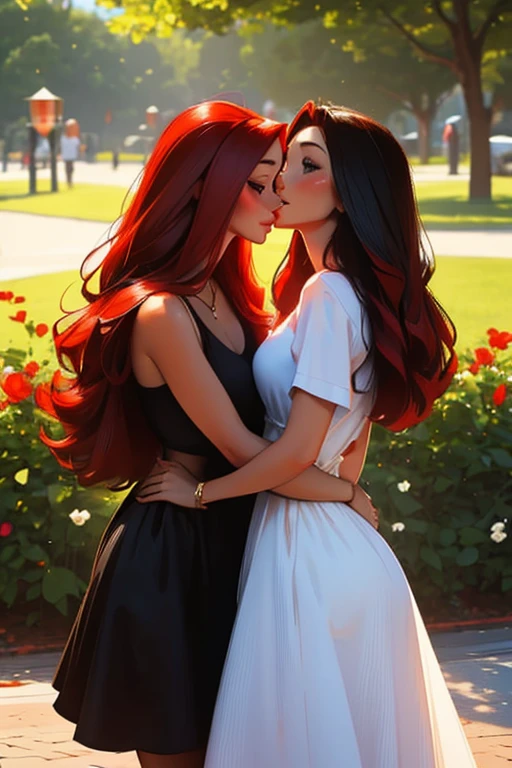 A pretty red haired woman with red eyes and an hourglass figure in a pretty summer dress is kissing a stunning black haired woman with brown eyes with an hourglass figure in a park
