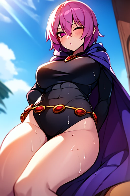 Artwork, best quality, high resolution, absurdities, 1 girl, Crowd, skirt, pink hair, gasai yuno, from below, revealing clothing, skin dentures, outdoors, sunlight, street, looking at viewer, blush ,Raven, girl, Alone, short hair, purple eyes, light skin, Athletic, RVN, 1 girl, Alone, lying on a luxurious bed, wet private parts, dreaming, eyes closed, orgasm, low-cut black leotard, cape, legs exposed, belt, hood, hottraven, sensual, glamorous,