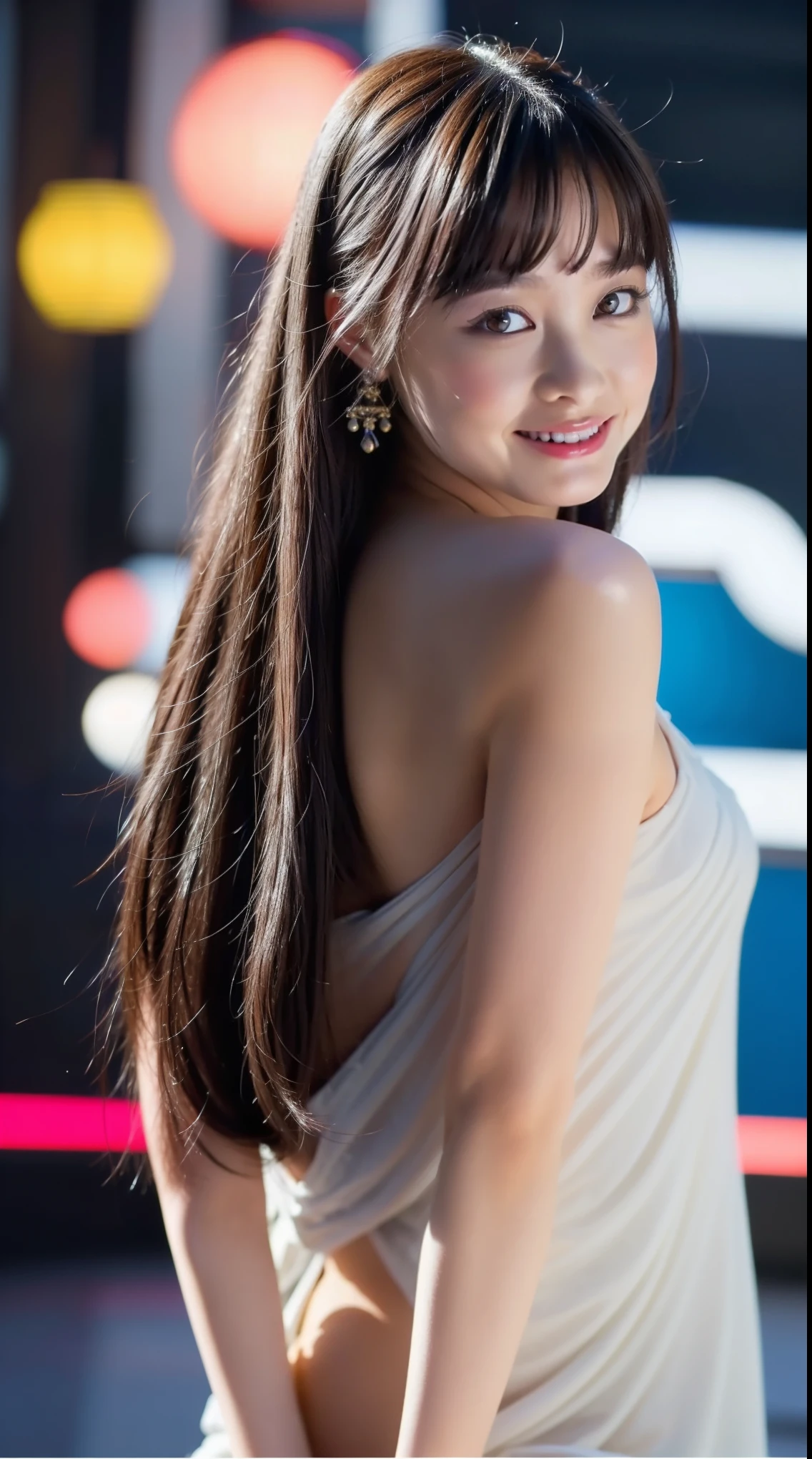 8k, masterpiece, RAW Photos, highest quality, Realistic, Extremely detailed CG unifies 8k, 8k, diamond, wallpaper, Depth of written boundary, Cinematic Light, Lens flare, Ray Tracing, (Very beautiful face, Beautiful Lips, Beautiful Eyes), Exquisitely detailed face, ((Highly detailed skin)) One girl, In the Dark, Deep Shadow, Beautiful Chinese Girl, K-Pop Idols, 1 girl, (Very slim and slender muscular body:1.3), ((Displaying the viewer)),(Big smile:1.3), (Fashion Night, Dark Night, (Neon Signs), (Blurred Background), Fashion Street Night),(There is no one in the background:1.3), Beautiful earrings, Bangles, necklace, pantyhose, Clear Eyes, walk, (Pale skin), (Big eyes), Look forward, (Brown Hair), (Full Body Shot), ((Hot transparent silk dress:1.3)), ((Wear tight)), ((Lace dress)), (Displaying the viewer:1.3) Open chest, Very slim, Medium chest, Turn back, (Buckshot), Ass Focus, In front of eyebrows,(Tight dress), Thick thighs, Mini Dress,Please put your feet up,Exposed nipples