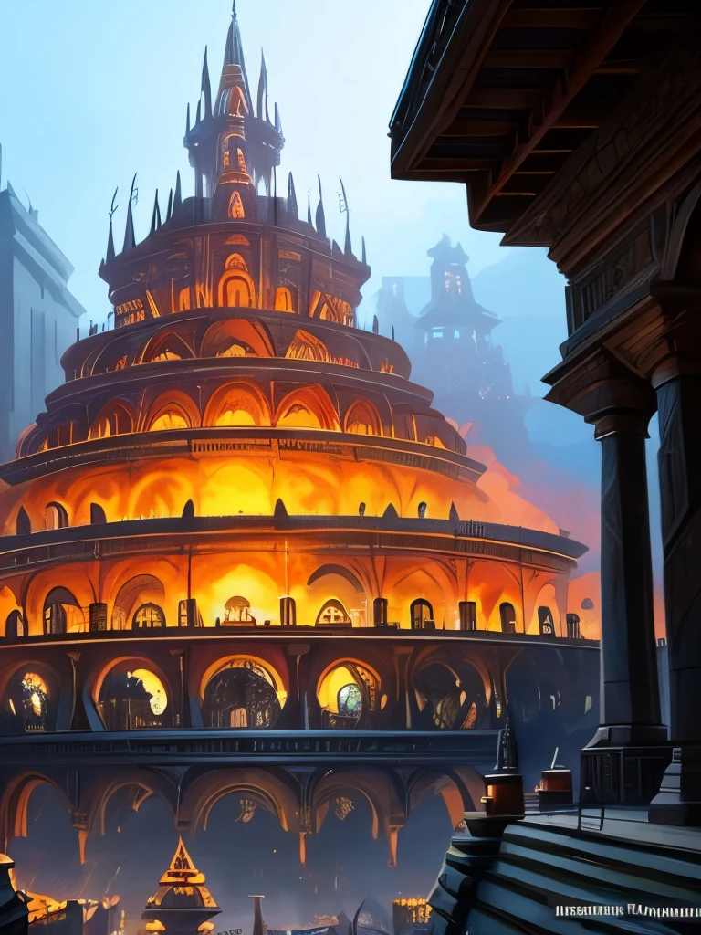 a painting of a large building with a fire in the middle, kaladesh concept art. mechanical, magic the gathering art, marc simonetti. intricate, an ancient city on fire, magic the gathering card art, magic : the gathering art, magic the gathering concept art, by Noah Bradley, art style of marc simonetti, by Marc Simonetti