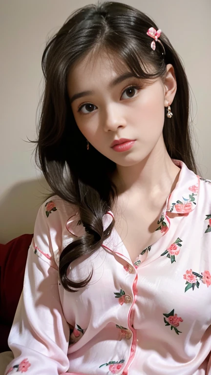 Best quality, masterpiece, super high resolution, (realistic: 1.4), original photo, 1 girl, hairpins, earrings, jewelry, brown hair, looking at the viewer, lips, playful, sexy silk pajamas printed with cute bear pattern, unbuttoned, full body photo
