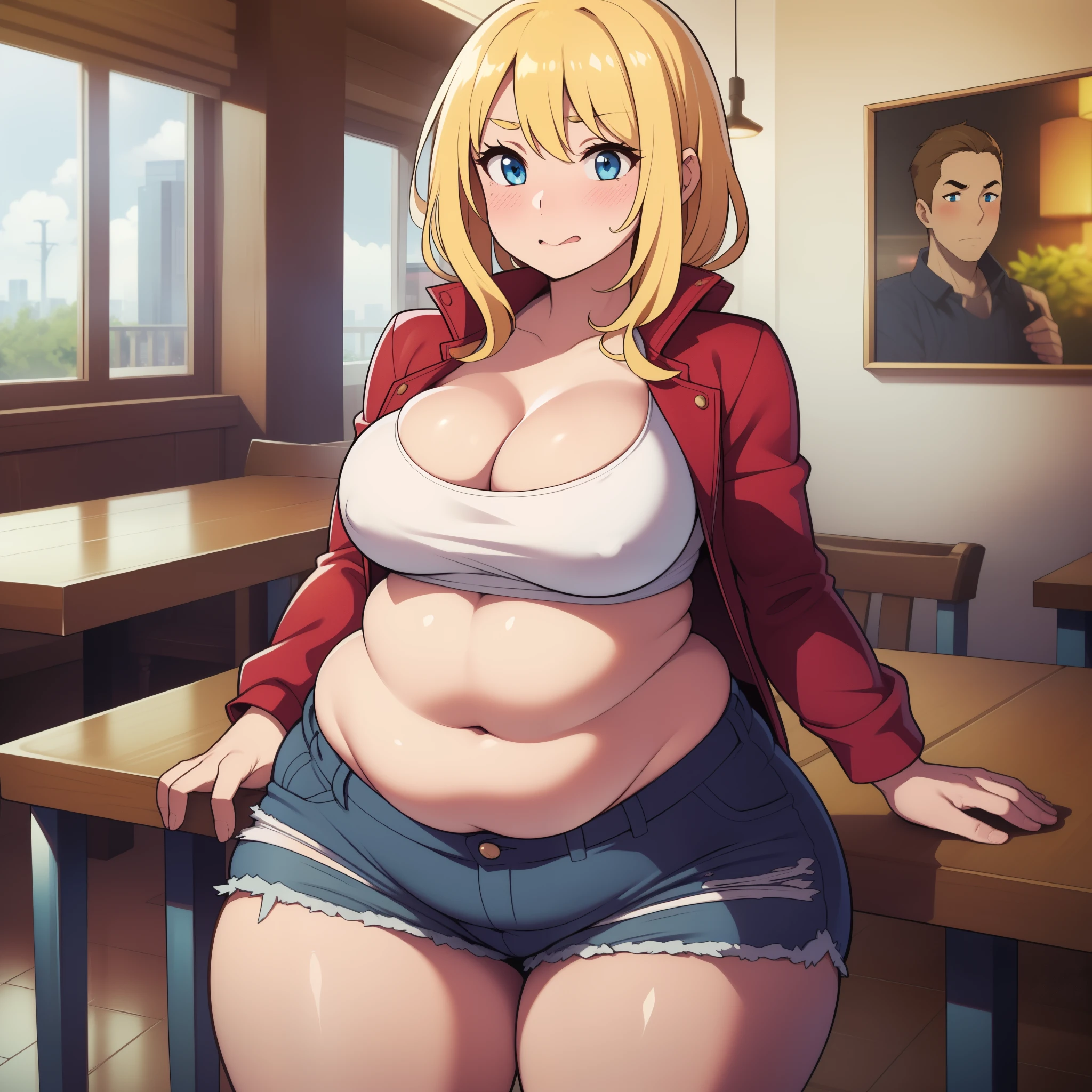 ((highres)), Masterpiece, high quality, best quality, beautiful, perfect lighting, detailed face, ultra cute face, ((1girl)), ((solo)), ((blush)), (embarrassed), looking at viewer, blonde hair, blue eyes, crop top and shorts, skindentation, full body, fast food restaurant, large breasts, perky breasts, cleavage, ((wide hips)), (((thick thighs))), ((plump)), chubby belly, fat folds, standing, arms behind back, embarrassed, table full of food,
