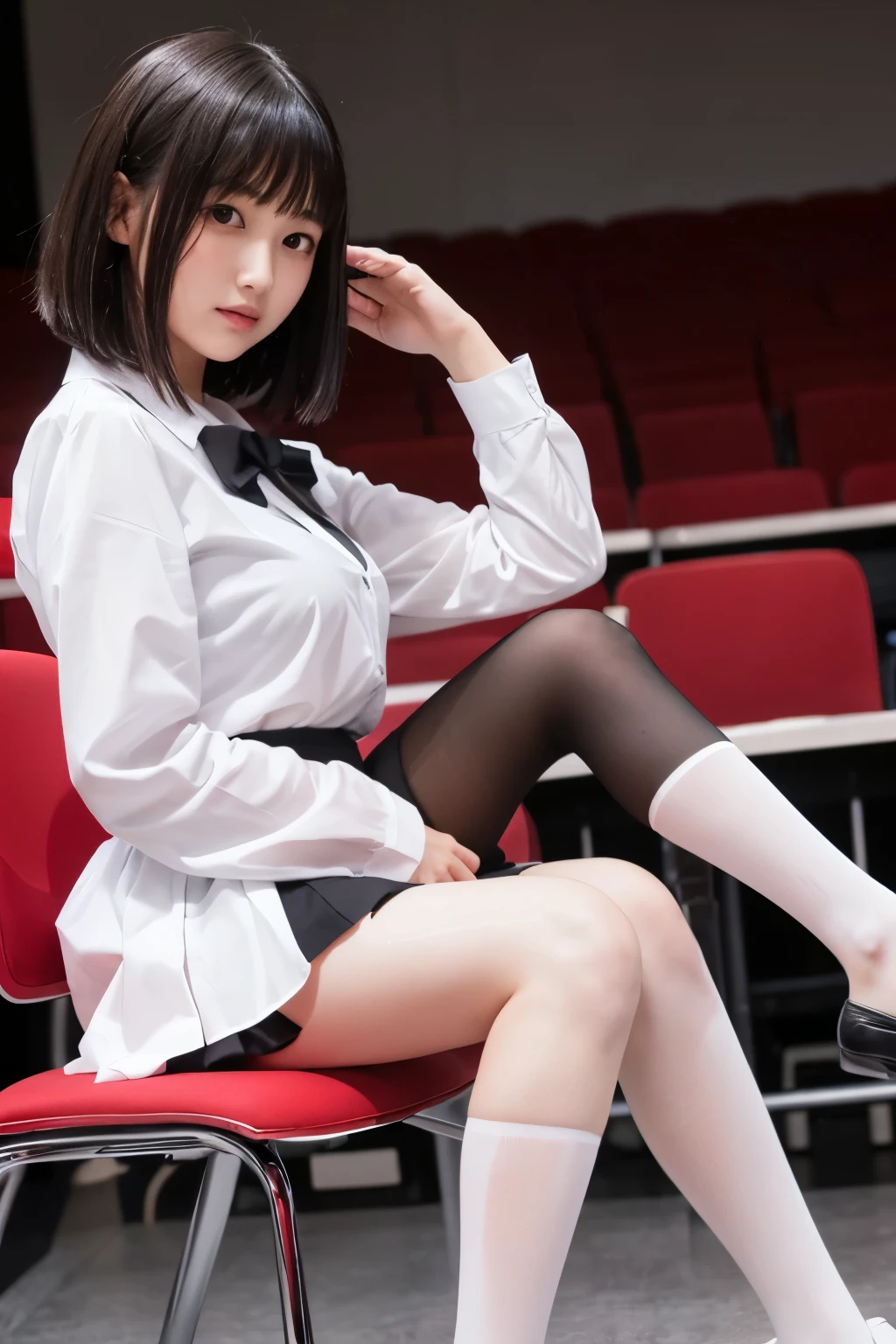 highest quality、masterpiece、high school girl、Black Pantyhose、She is sitting on a chair with her legs spread wide、((Front view from below))、Plump and large breasts、Medium Bob Hair、White shirt、Pleated skirt、Staring at the audience、Red face、Red panties、Wet clothes、