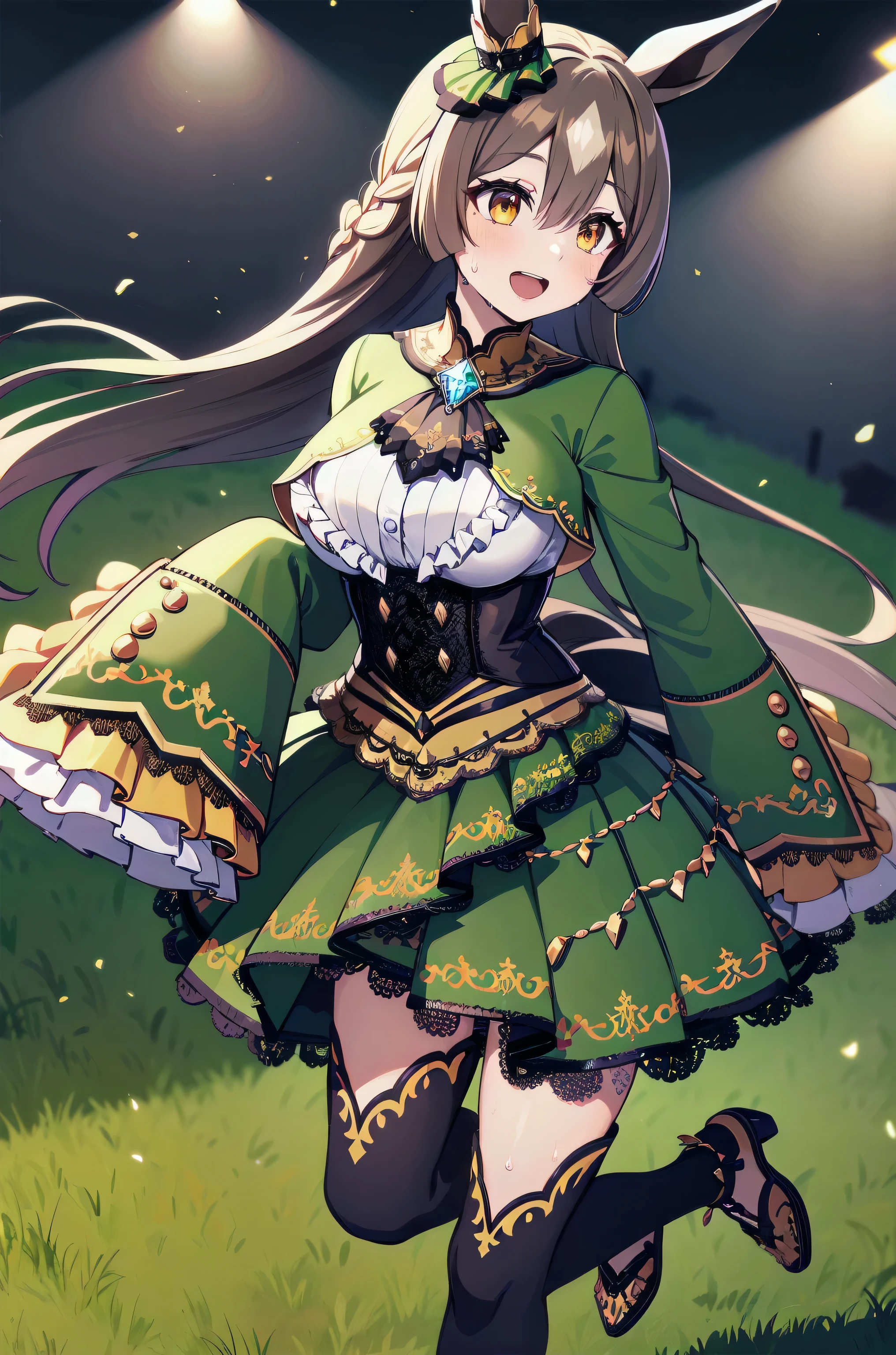 masterpiece, best quality, highres, aasato, long hair, half updo, braid, hair between eyes, animal ears, ear ornament, horse tail, breasts, frills, black ascot, green dress, (sleeves past wrists:1.2), black thighhighs, field, grass, (running:1.1), smile, open mouth, sweat, audience,