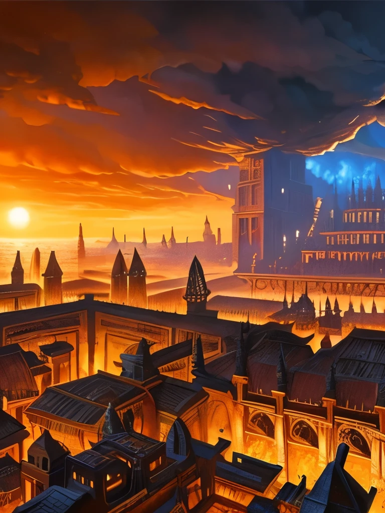 a painting of a large building with a fire in the middle, kaladesh concept art. mechanical, magic the gathering art, marc simonetti. intricate, an ancient city on fire, magic the gathering card art, magic : the gathering art, magic the gathering concept art, by Noah Bradley, art style of marc simonetti, by Marc Simonetti