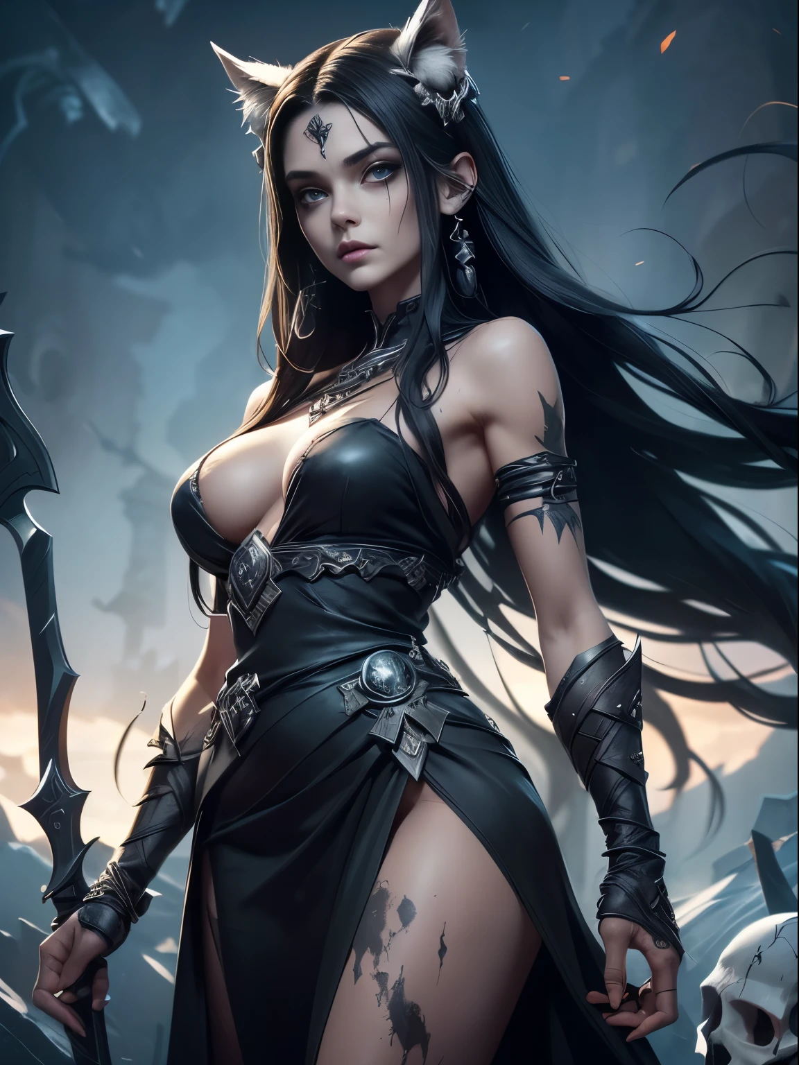 A woman, hela, Norse mythology, (((beautiful left side, decrepit, skull-shaped zombie right side))), ((photorealistic full body:1,5)), long black hair, slim body, green eyes , ((Viking queen of hell's tattered black dress, intricate details)), (((full body view))), on the plains of Norse hell, ((giant wolf of hell)), desolate place of fire and ice, masterpiece , high quality 8k, sharp focus