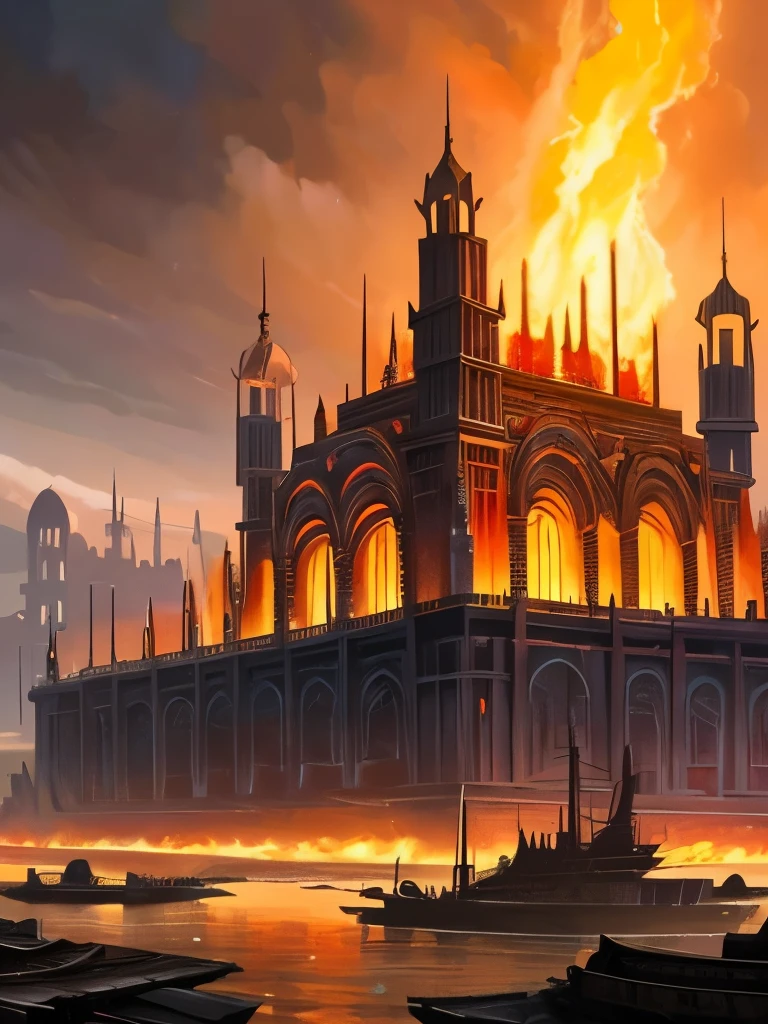 a painting of a large building with a fire in the middle, concept art by Noah Bradley, cgsociety contest winner, fantasy art, kaladesh concept art. mechanical, magic the gathering art, marc simonetti. intricate, an ancient city on fire, magic the gathering card art, magic : the gathering art, magic the gathering concept art