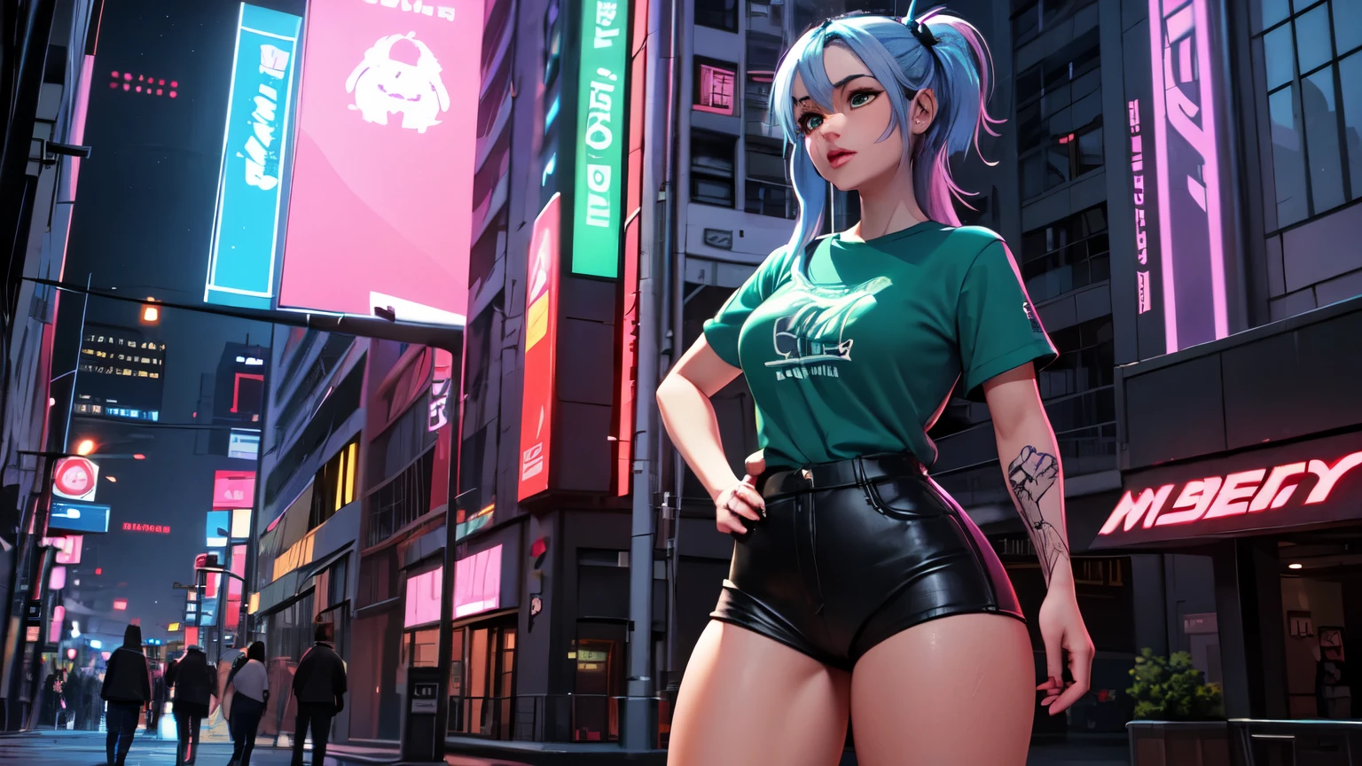 Image in 3D that captures a scene with a woman with tan skin, with long, straight blue hair, with dark green eyes, wearing a violet t-shirt, in a cyberpunk city with blue and pink LED lights, with a tattoo on her thigh.