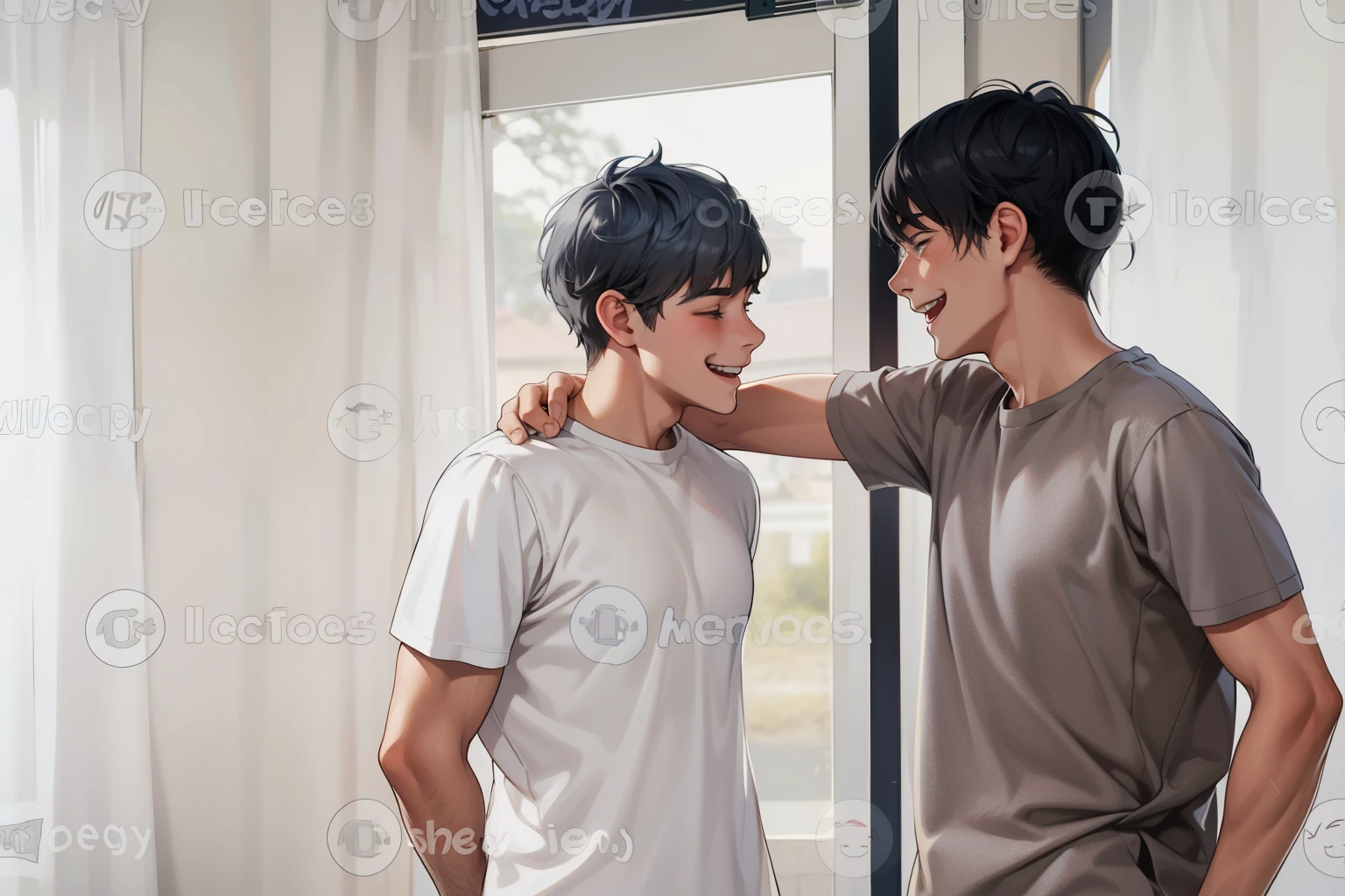 They are smiling, they are happy, there are two men, they are brothers, 18 years old, gray hair. 