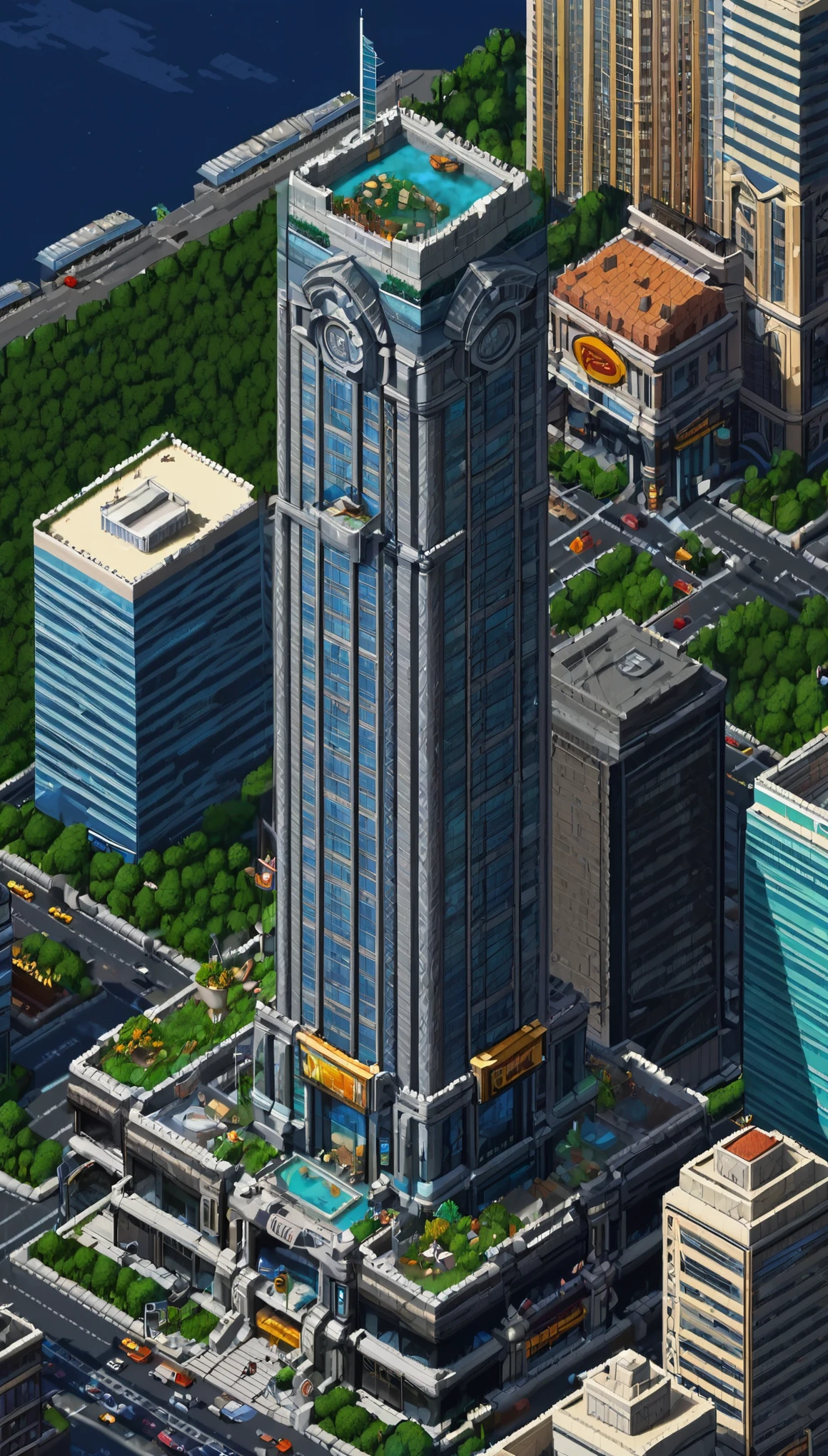 A 3D view of an immensely tall and extremely wide skyscraper in the exact graphic style of a classic pixel art game. The skyscraper reaches high into the sky, touching the stratosphere, and has numerous rooms depicted in a highly detailed pixel art style. The camera angle is from a very low position in front of the skyscraper, extremely close to the building, sharply tilted upwards to emphasize the enormous height in a 3D perspective. The outer wall is entirely covered with thousands of rooms, including fast food restaurants, offices, sky lobbies, retail stores, hotel rooms, elevators, and larger lifts, all depicted in highly detailed pixel art. The bottom area of the skyscraper is incredibly extravagant, featuring grand entrances and luxurious decorations. The lobby is three floors high and lively, filled with many NPCs interacting and moving around, engaged in activities like chatting, walking, using elevators, shopping in retail stores, and dining in restaurants. The focus is on the bottom area of the skyscraper to clearly see all the details without distortion.