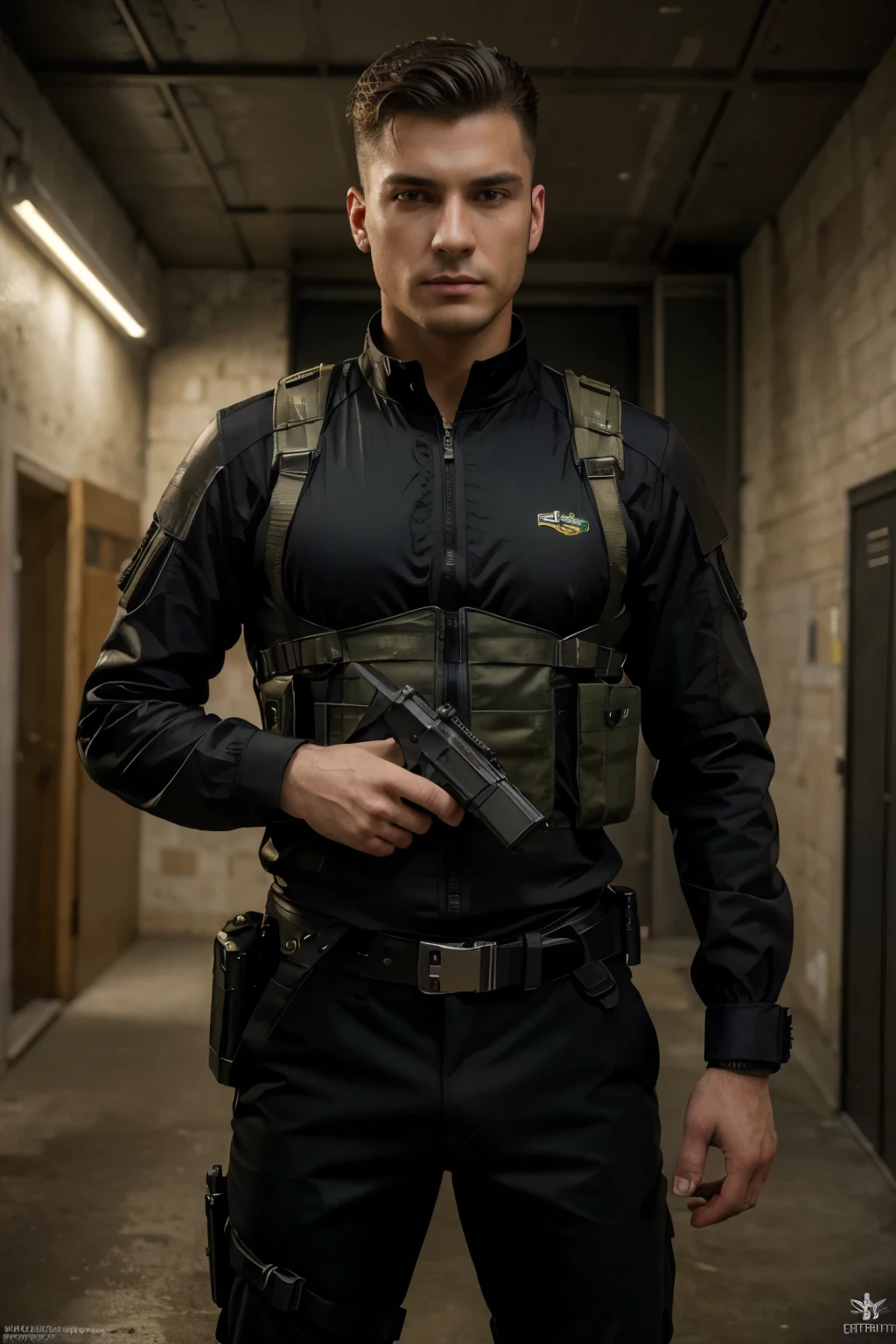 (best quality,4k,highres,masterpiece:1.2),ultra-detailed,(realistic:1.37),young man,skiny body,romanian,tactical suit,matrix style,tactical shoulder holster,beretta m9a4 pistol,tactical gears