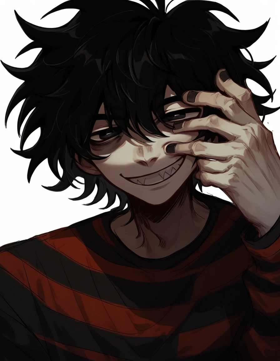 1boy, shirt grunge, sketchy lines, messy hair, black hair, black pupils,hand on face, smile, evil, score_8_up, score_9_up, 