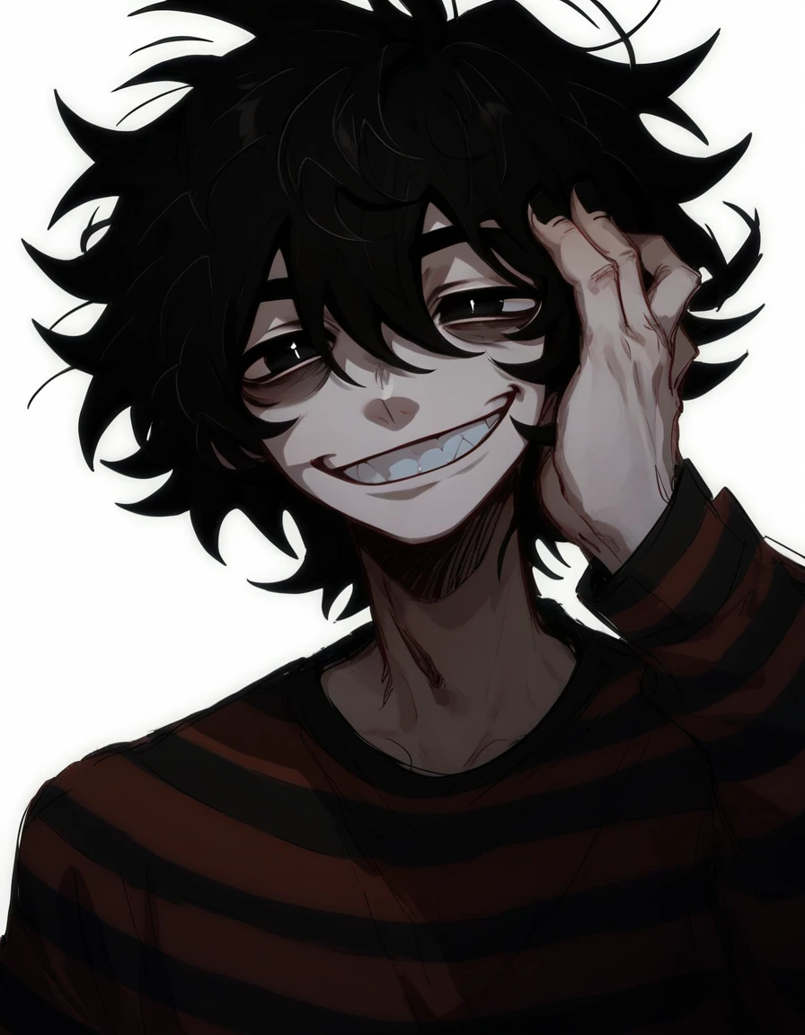 1boy, shirt grunge, sketchy lines, messy hair, black hair, black pupils,hand on face, smile, evil, score_8_up, score_9_up, 