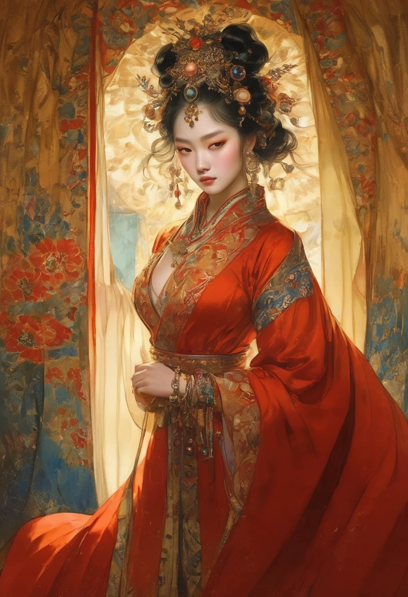 (masterpiece, best quality:1.2), elegant girl, striking pose, exquisite detailed features, piercing eyes, sharp nose, sensual lips, ornate clothing, symmetrical composition, cinematic lighting, dramatic chiaroscuro, rich color palette, high contrast, digital art, photorealistic,xianxia,anatomical correct:2