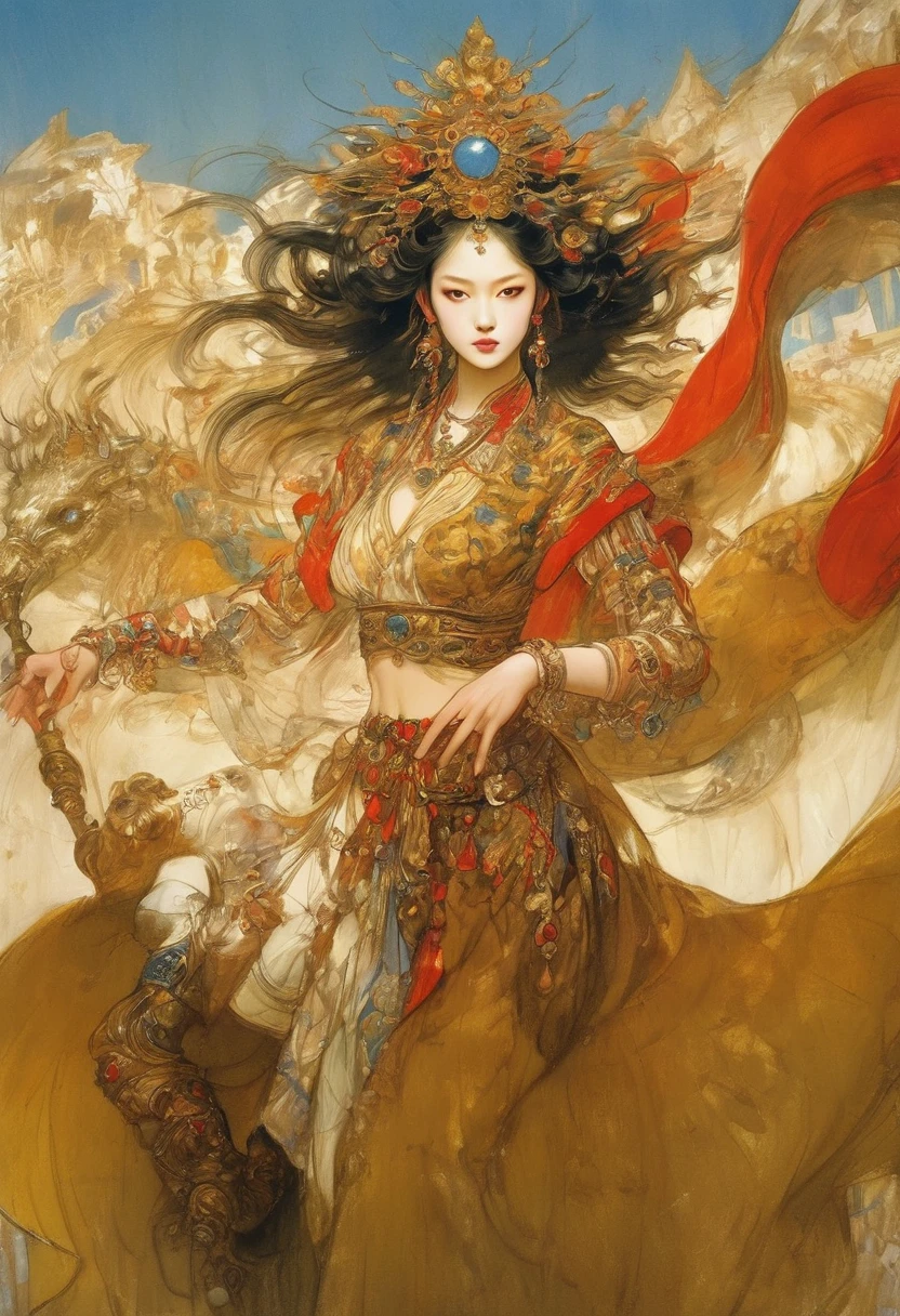 (masterpiece, best quality:1.2), elegant girl, striking pose, exquisite detailed features, piercing eyes, sharp nose, sensual lips, ornate clothing, symmetrical composition, cinematic lighting, dramatic chiaroscuro, rich color palette, high contrast, digital art, photorealistic，xianxia，anatomical correct:2