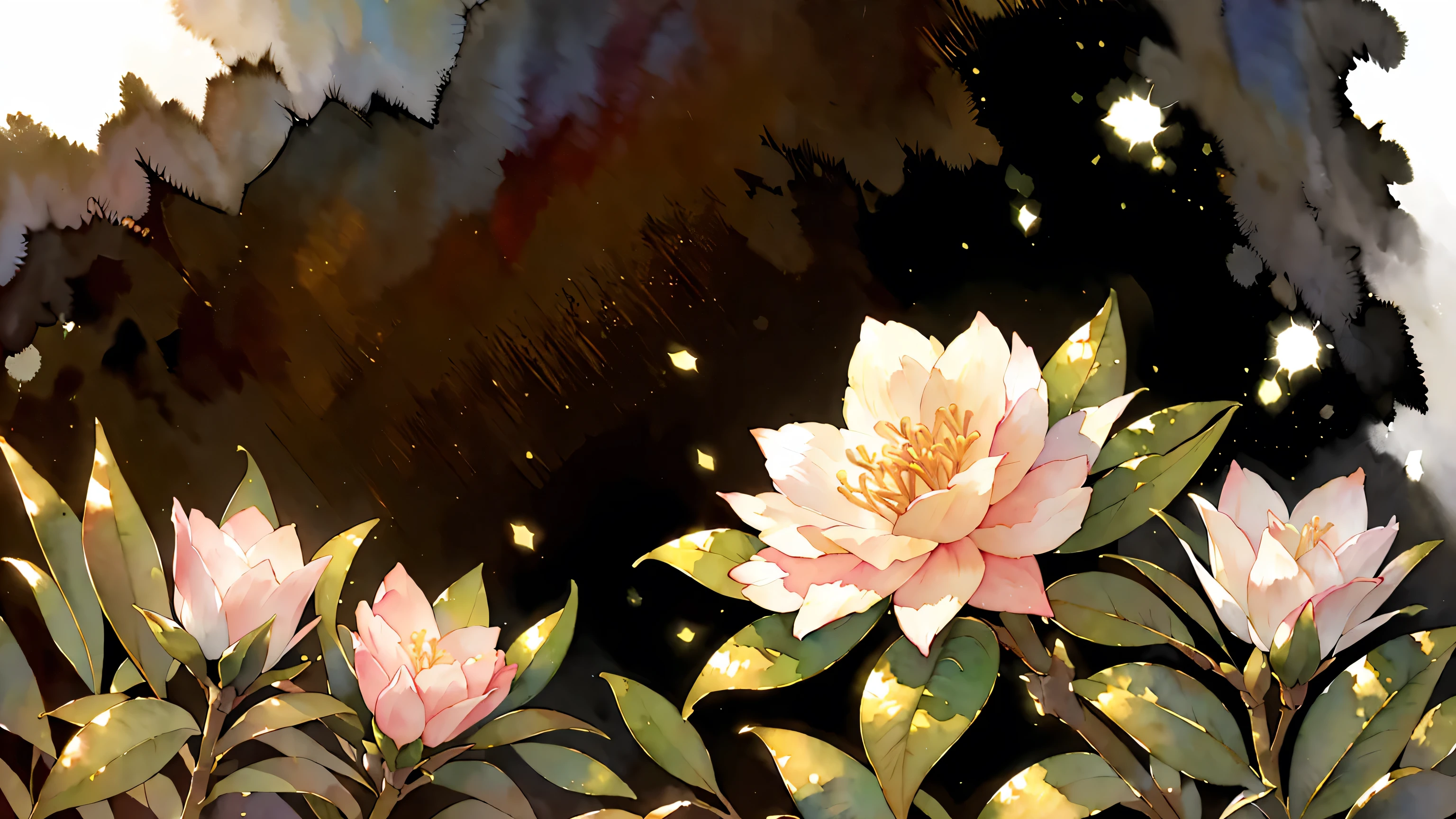 (8K, RAW photo, 最high quality, masterpiece:1.2), (watercolor painting), Flowers flutter, ((beautiful, camellia)), ((Extreme background bokeh, high quality, surreal, bright colors, ((very detailed)),dark background, glowing, black background 