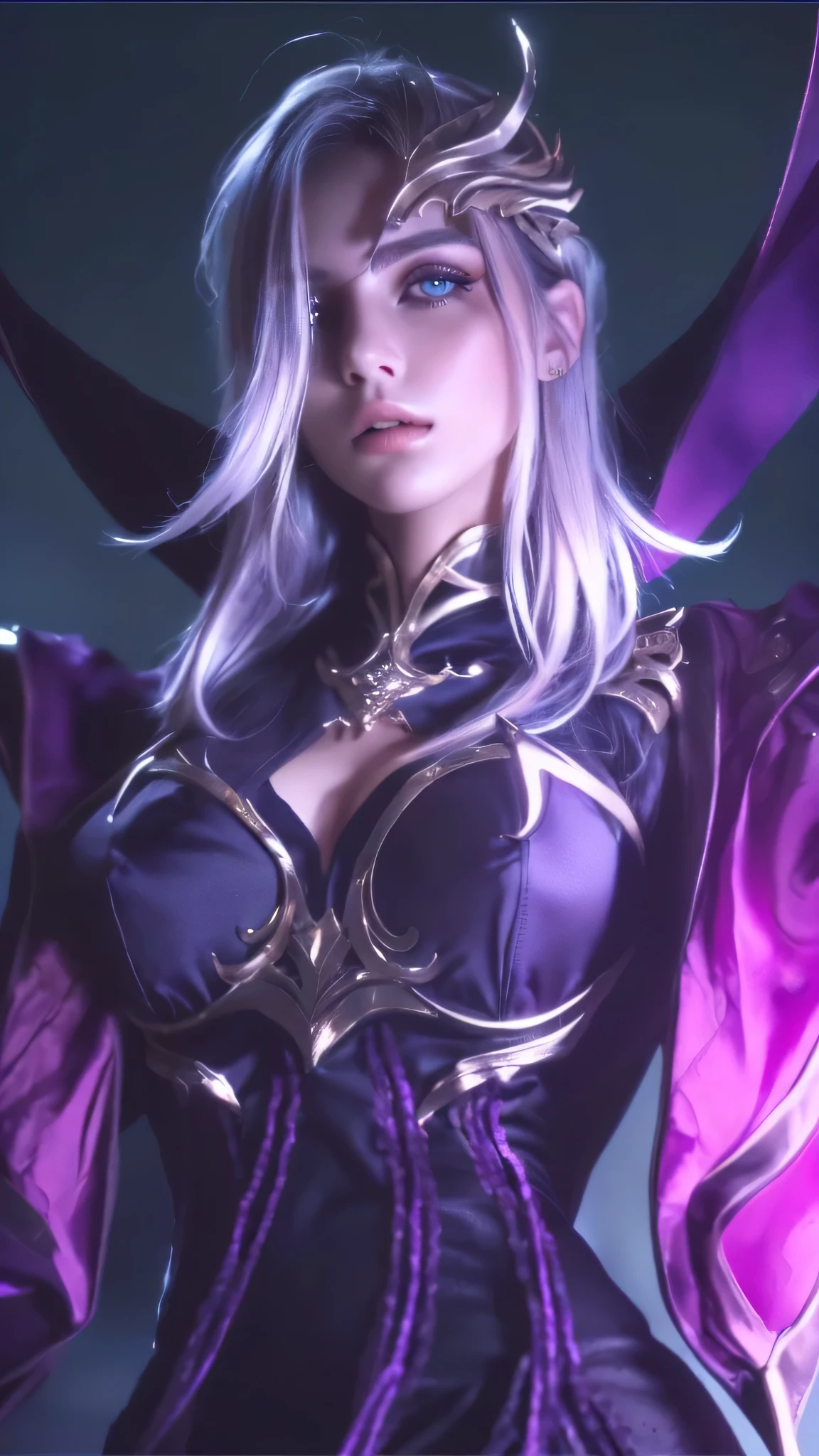 a close up of a woman with a purple and black outfit, beautiful eyes, beautiful detailed lips, extremely detailed eyes and face, long eyelashes, dramatic lighting, moody colors, chiaroscuro, cinematic composition, dramatic pose, solo portrait, high fashion, 4k, best quality, ultra-detailed, realistic, photorealistic, bright light, bokeh