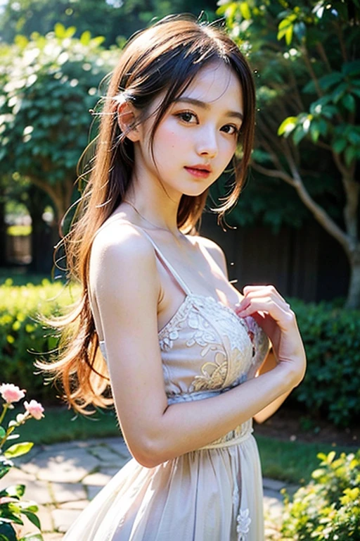 A beautiful  girl with sweet smiles, big breasts: 1.3, extremely detailed face and eyes, porcelain skin, soft skin, long eyelashes, detailed facial features, elegant pose, serene expression, intricate dress, delicate flowers, lush garden background, natural lighting, vibrant colors, cinematic composition, masterpiece, photorealistic, 8k, hyper detailed