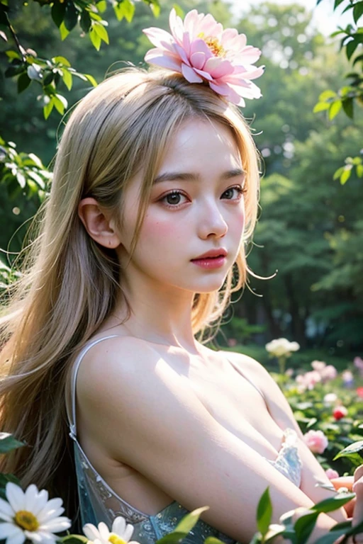 A beautiful small girl with sweet smiles, big breasts: 1.3, extremely detailed face and eyes, porcelain skin, soft skin, long eyelashes, detailed facial features, elegant pose, serene expression, intricate dress, delicate flowers, lush garden background, natural lighting, vibrant colors, cinematic composition, masterpiece, photorealistic, 8k, hyper detailed