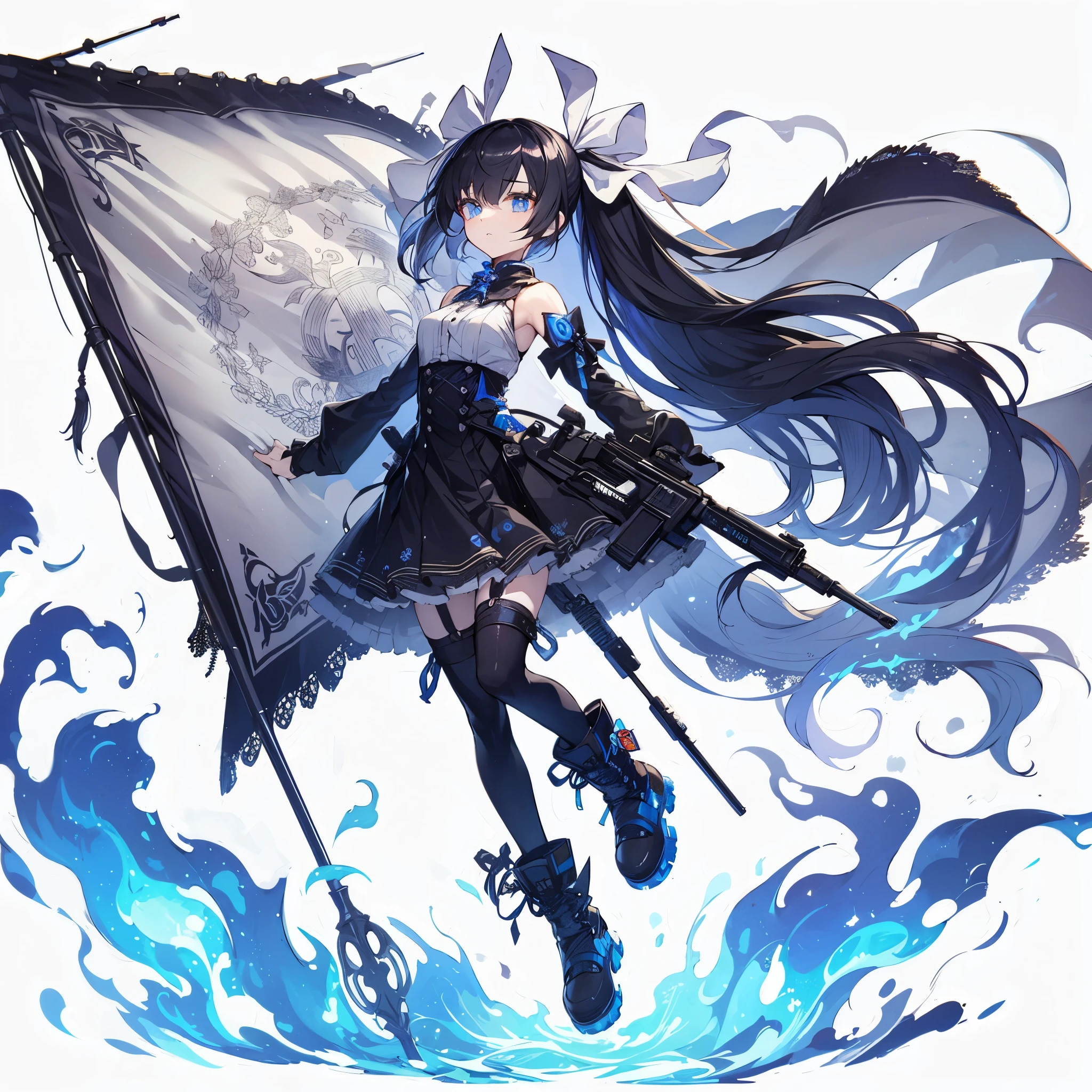 (masterpiece, Best Quality), (detailed hairs), Ultra-detailed, Anime style, Full body, Solo, Cyberpunk ghost girl with long black hair and neat white simple hair bows, Eyes burning with blue flame, Sleeveless outfit, she carries a huge war flag embroidered with a silver moon, wearing raised boots, floating in the air, blue lights like demon fire floating around her, slender figure, White background, standing full length,