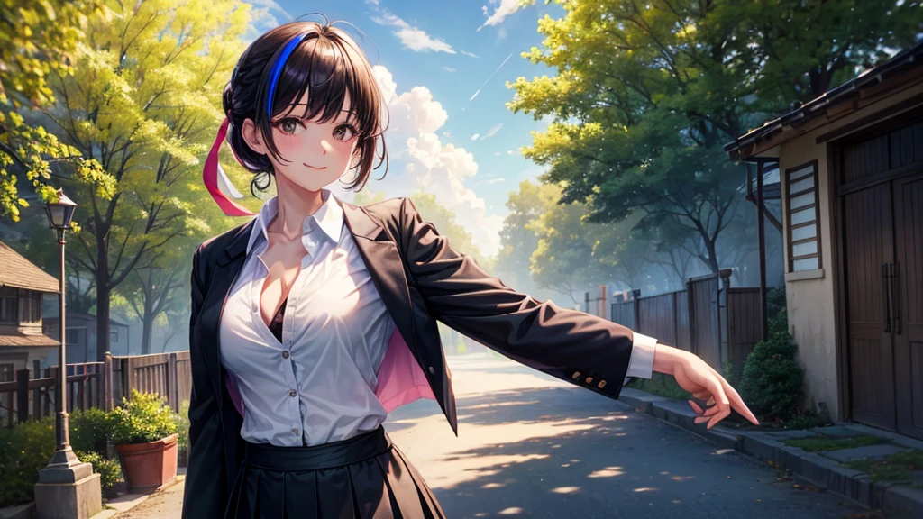 1girl, full body, solo, summer, village, trees, sun, clouds, ((colorful hair)), large breasts, ((black blazer)), button down shirt, ((white shirt)), ((short sleeved shirt)), ((unbuttoned shirt)), unbuttoning buttons, cleavage 1:3, brown eyes, skirt, smile, looking at the viewer, standing, hair ribbon, golden necklate