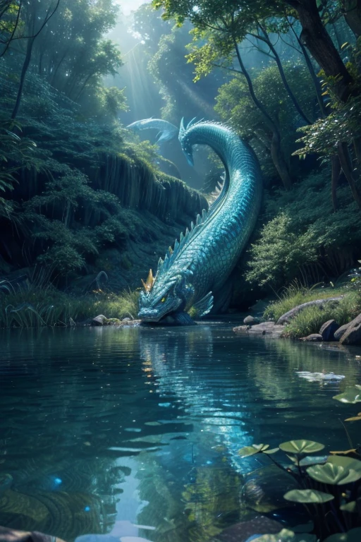 (best quality,4k,8k,highres,masterpiece:1.2),ultra-detailed,(realistic,photorealistic,photo-realistic:1.37),water dragon,fantasy creature,detailed scales,glowing eyes,aquatic beast,flowing water,underwater scene,serene lake,peaceful atmosphere,idyllic landscape,natural light,vivid colors,cinematic lighting,cool