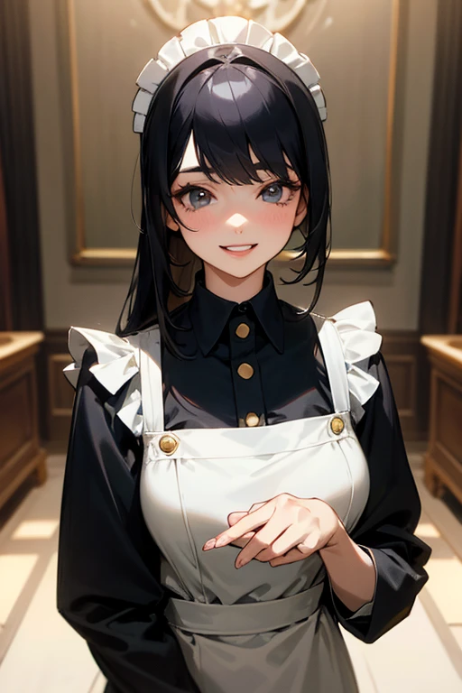 (Highest Resolution, clear_image) highest quality, One woman, alone, masterpiece, Very detailed, Semi-realistic, Black Hairのショートヘア, Black Hair, bangs, 18-year-old, mature, light blue uniform, uniform, Indoor Background, kind, Authoritative, Powerful, exquisite features, exquisite features、Eyelashes become longer、Showing teeth、smile😀、Maid clothes、woman'Fingers in the、Sleeping on the sofa、Long Hair、Fluttering in the wind、Navy blue clothes、Long Hair、I'Carrying the plate、Long hair、