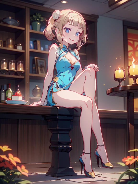 (((Masterpiece))),(((Super Detail))),(((in 8K))),(((best composition))),(((Rim lighting,Fireglow effect,deep shadow))),solo,(Hatsune Miku:1.0),beautiful detailed eyes,double bun with glittering hair ornament,(super detailed glossy skin:1.3),slender body,tits,goddess smile,((mouth little smile open)),beautiful posture,cheongsam dress,(blue with silvr gold thread embroidery,super delicate floral pattern:1.2),seductive cleavage:1.3,beautiful glossy legs,shiny red high heels,lifting dishes with cakesd,french restaurant,hustle and bustle,rising steam,(((depth of fields)))